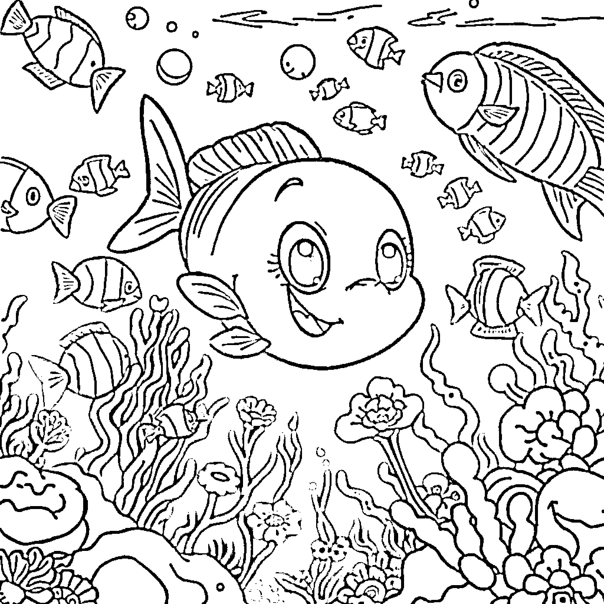 Bluey's Underwater Adventure with Vibrant Sea Creatures Coloring Page (free black-and-white line drawing printable PDF for all, from beginners to advanced learners, including children, teens, adults, and seniors)