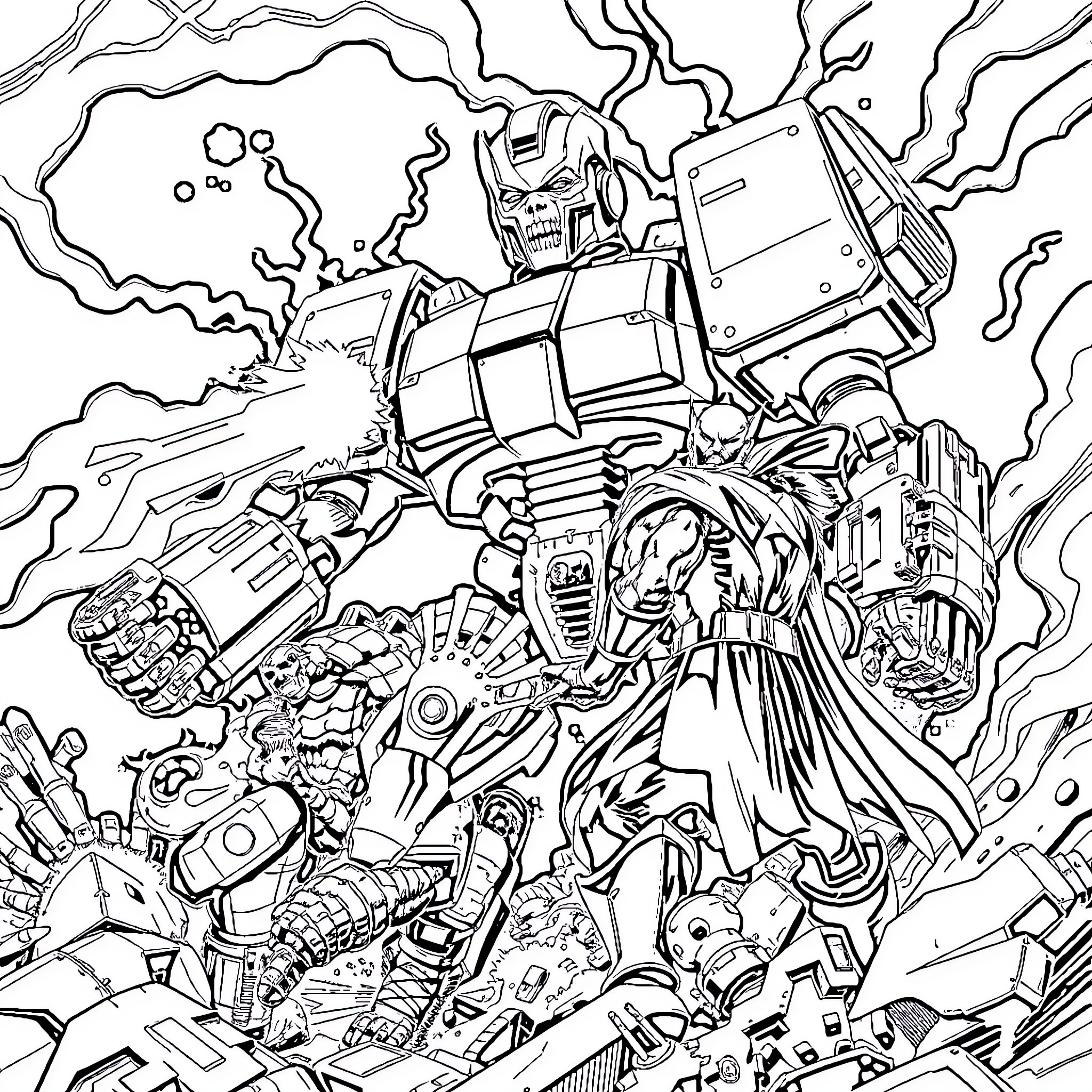 Apocalyptic Machinery and Destruction Coloring Page (free black-and-white line drawing printable PDF for all, from beginners to advanced learners, including children, teens, adults, and seniors)