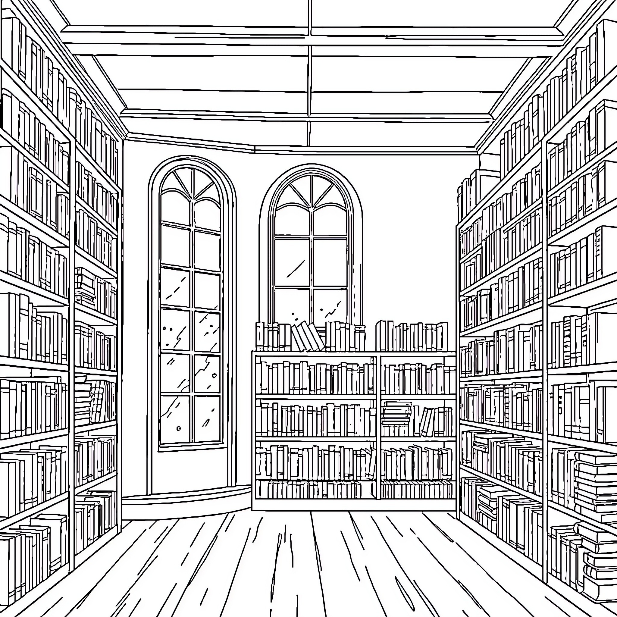 Library full of books and tall windows Coloring Page (free black-and-white line drawing printable PDF for all, from beginners to advanced learners, including children, teens, adults, and seniors)
