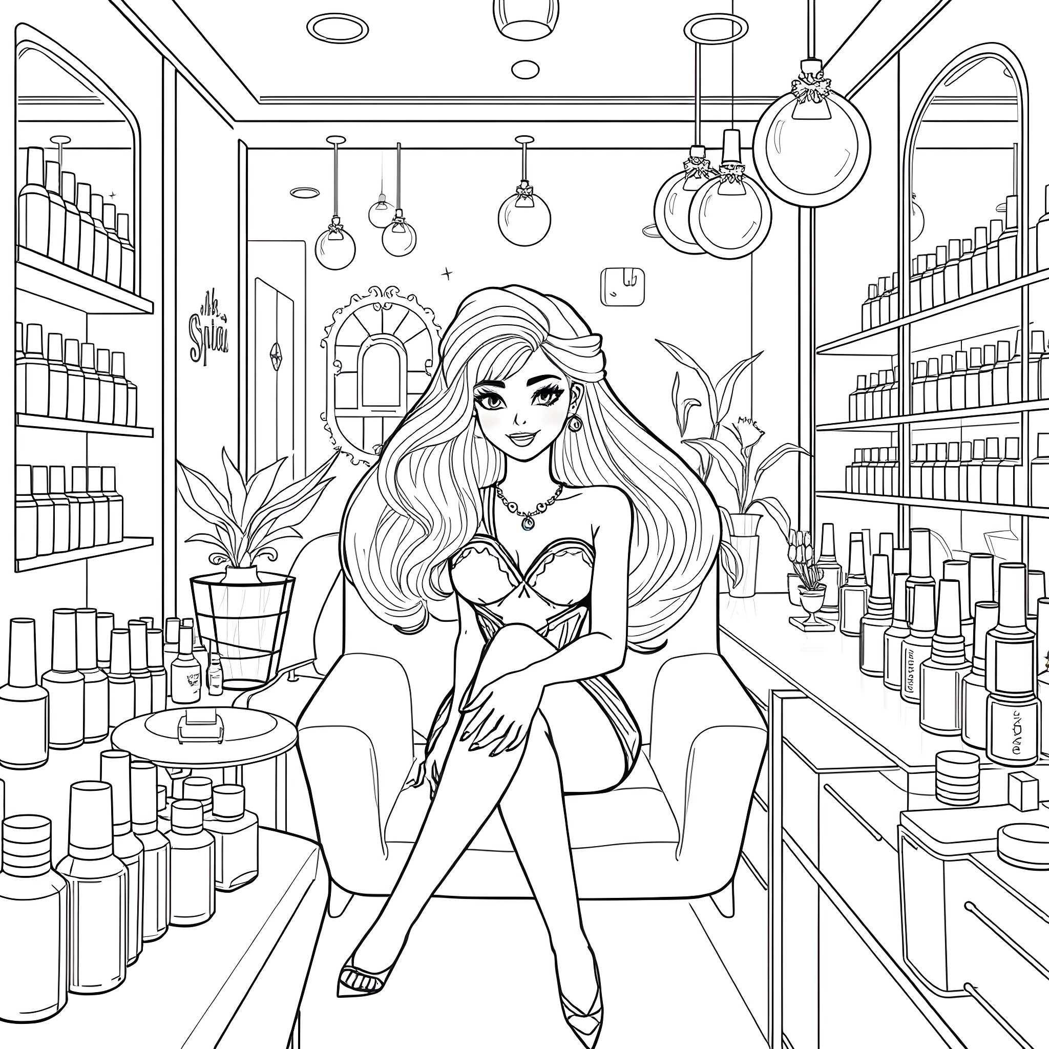 Barbie posing fashionably in a beauty store Coloring Page (free black-and-white line drawing printable PDF for all, from beginners to advanced learners, including children, teens, adults, and seniors)