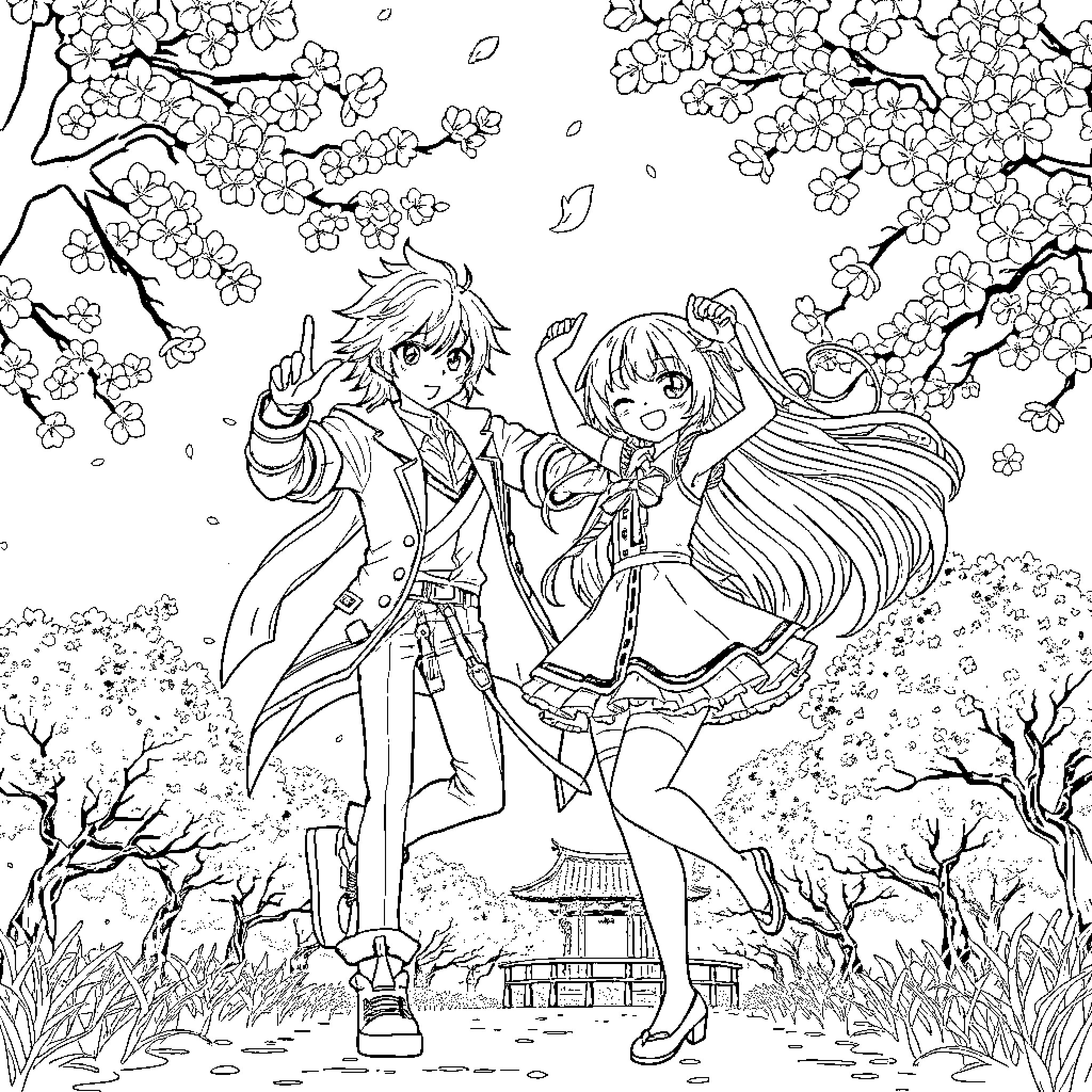 Anime Girl Exploring Scenic Cherry Blossom Garden Coloring Page (free black-and-white line drawing printable PDF for all, from beginners to advanced learners, including children, teens, adults, and seniors)