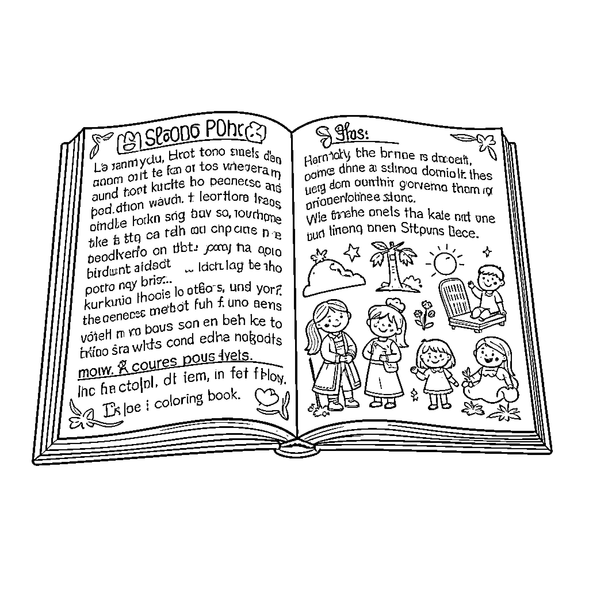 Book of illustrations and text about family life Coloring Page (free black-and-white line drawing printable PDF for all, from beginners to advanced learners, including children, teens, adults, and seniors)
