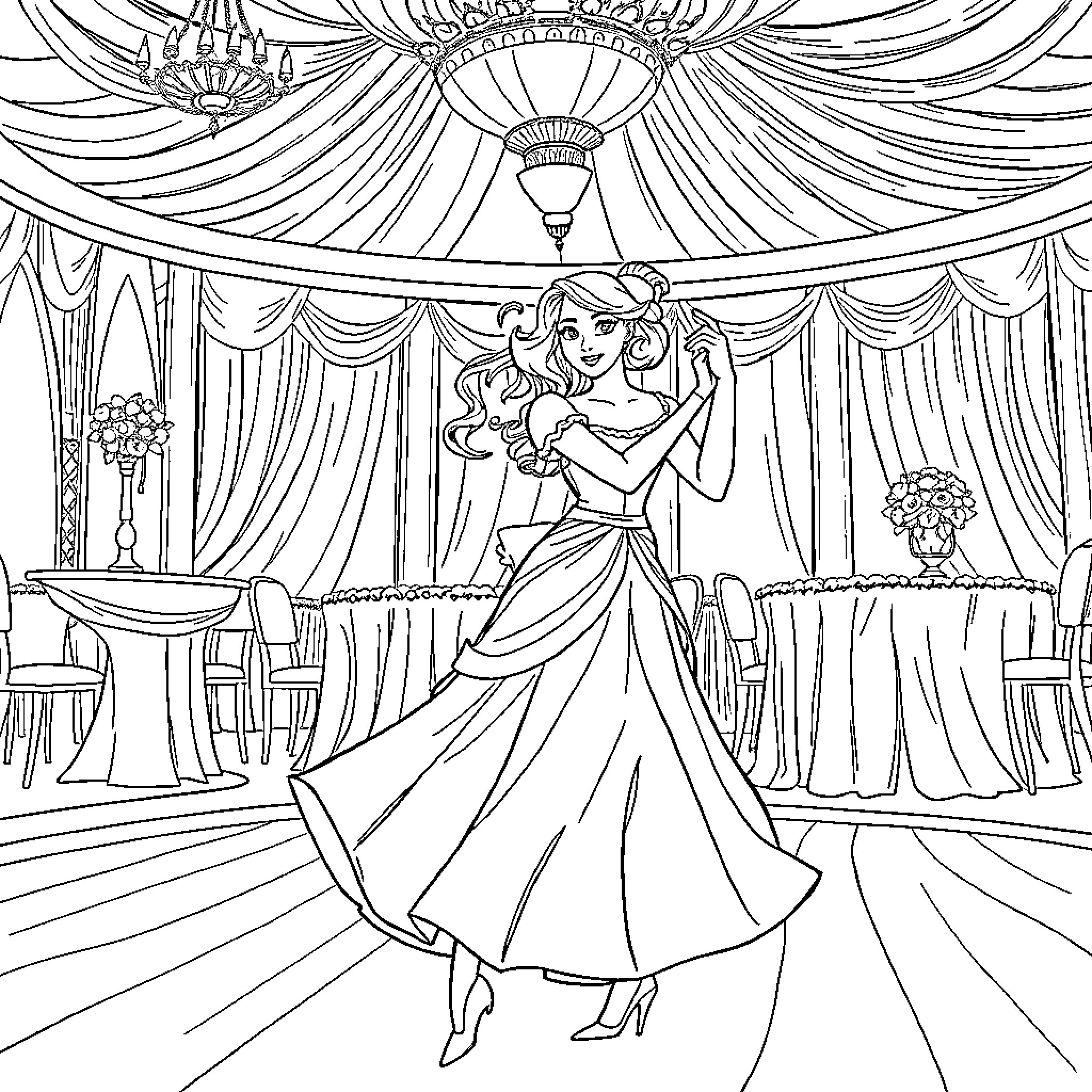 Erika's Elegant Ballroom Dance Coloring Page (free black-and-white line drawing printable PDF for all, from beginners to advanced learners, including children, teens, adults, and seniors)