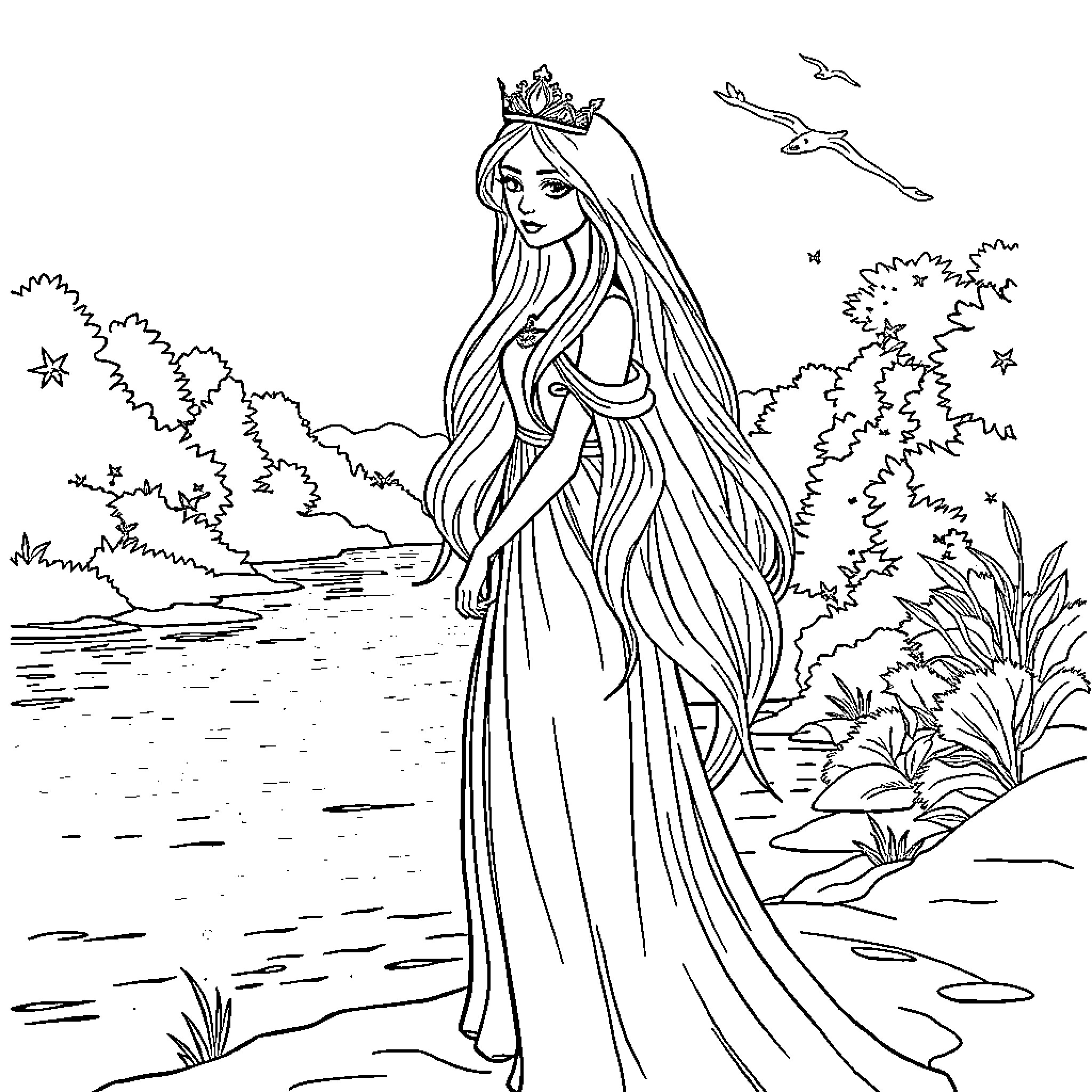 Princess in Serene Outdoor Setting Coloring Page (free black-and-white line drawing printable PDF for all, from beginners to advanced learners, including children, teens, adults, and seniors)
