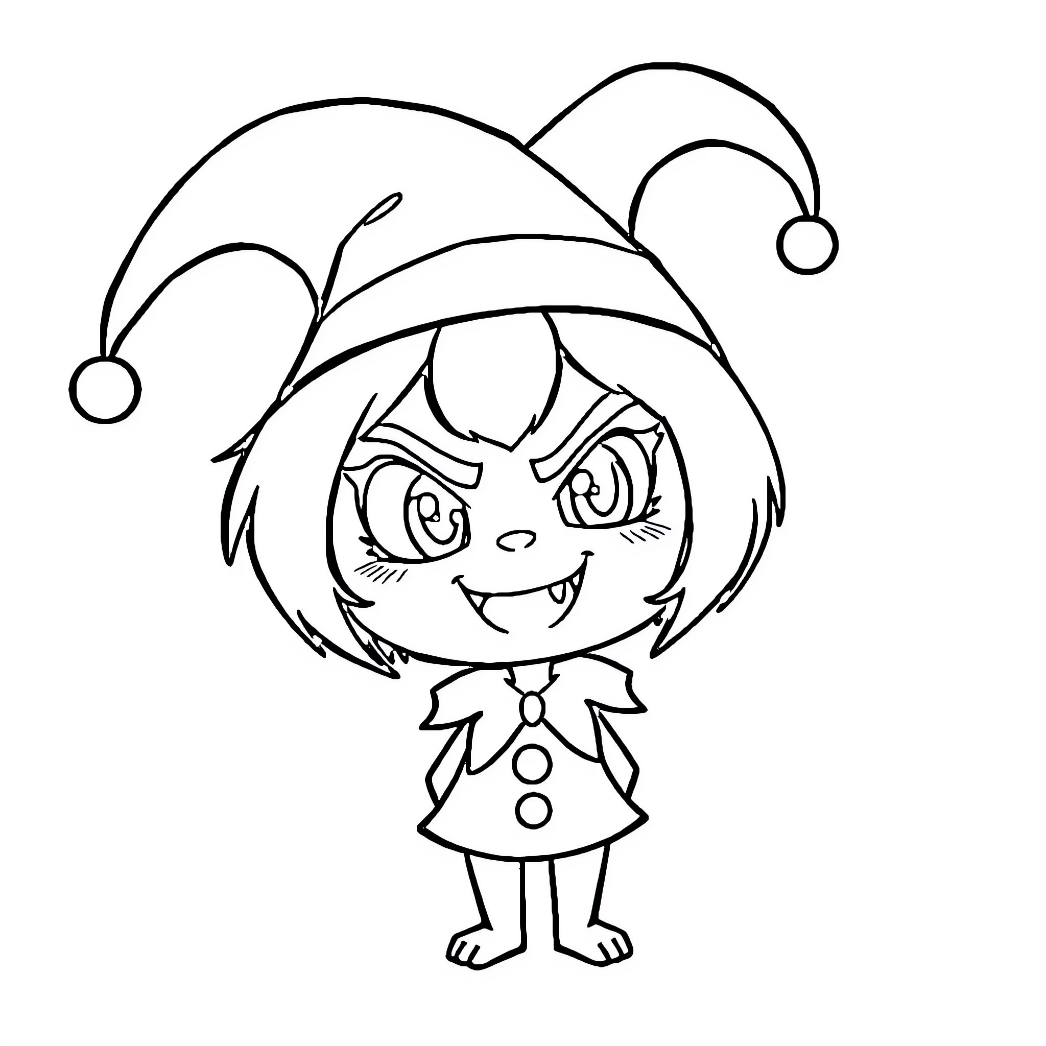 Kuromi wearing jester hat with mischievous expression Coloring Page (free black-and-white line drawing printable PDF for all, from beginners to advanced learners, including children, teens, adults, and seniors)