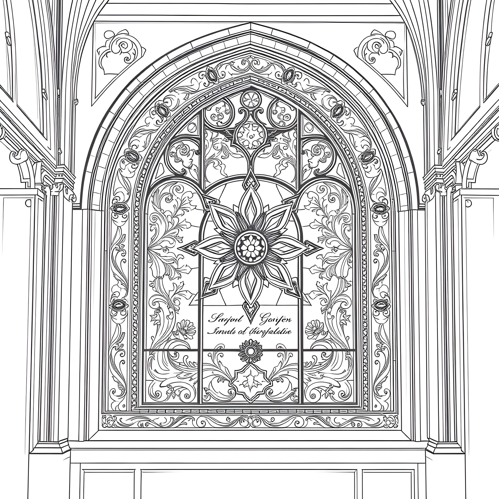 Stained Glass Window with Intricate Floral Design Coloring Page (free black-and-white line drawing printable PDF for all, from beginners to advanced learners, including children, teens, adults, and seniors)