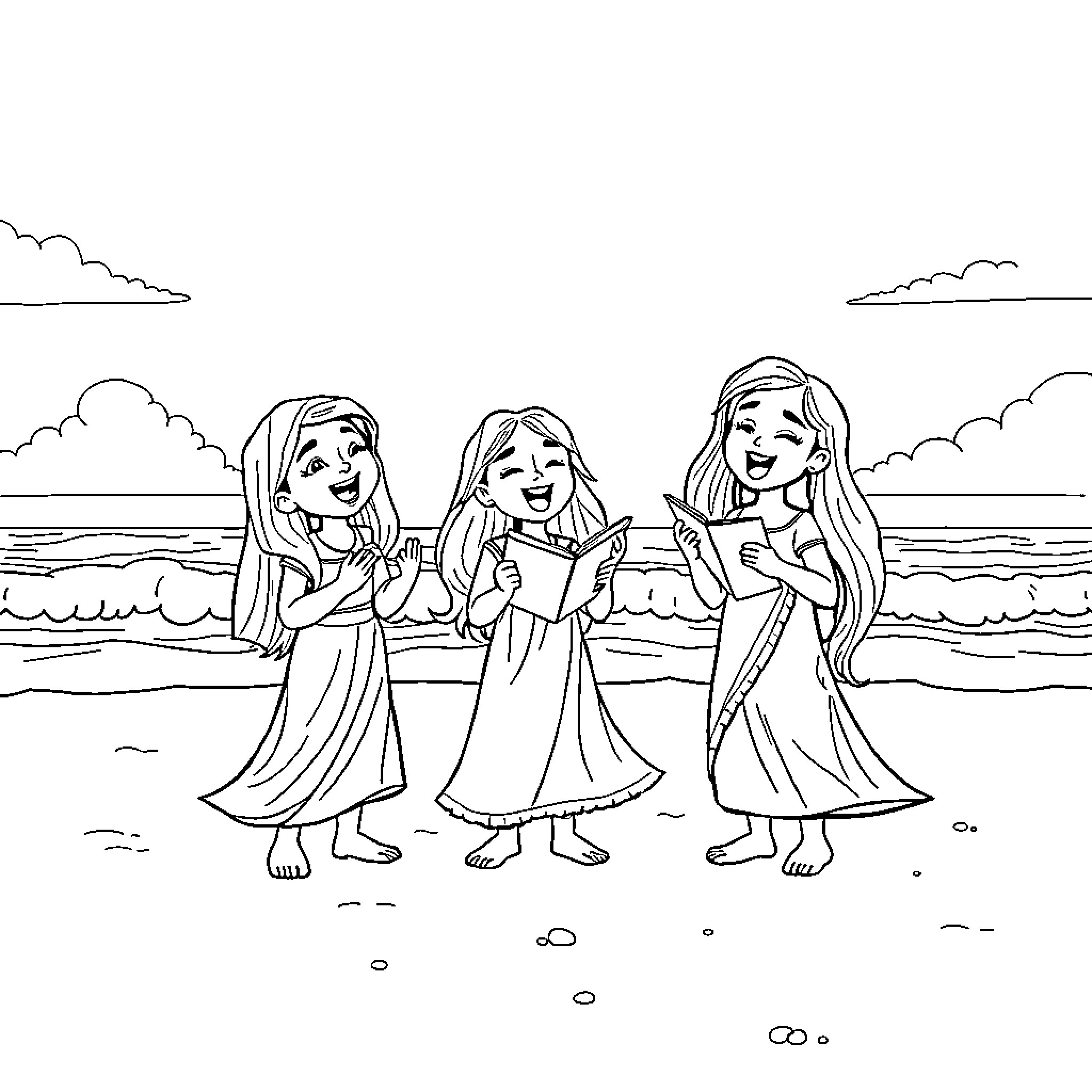 Singer trio performing on the beach Coloring Page (free black-and-white line drawing printable PDF for all, from beginners to advanced learners, including children, teens, adults, and seniors)