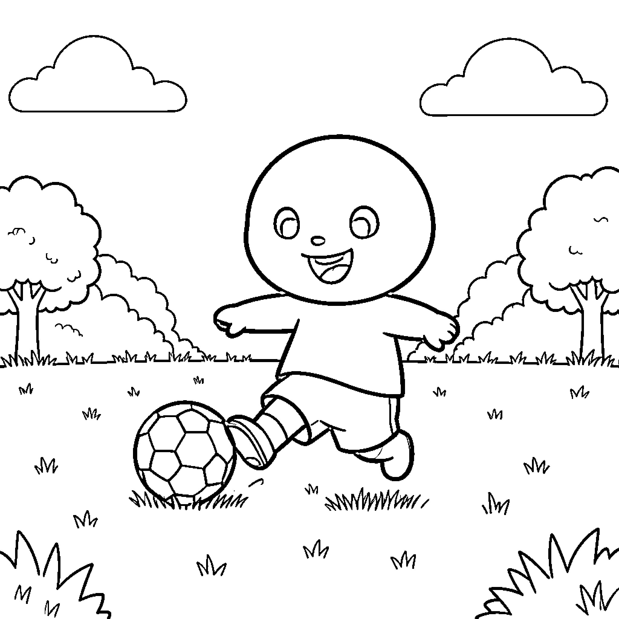 Tchoupi playing with a ball in a field Coloring Page (free black-and-white line drawing printable PDF for all, from beginners to advanced learners, including children, teens, adults, and seniors)