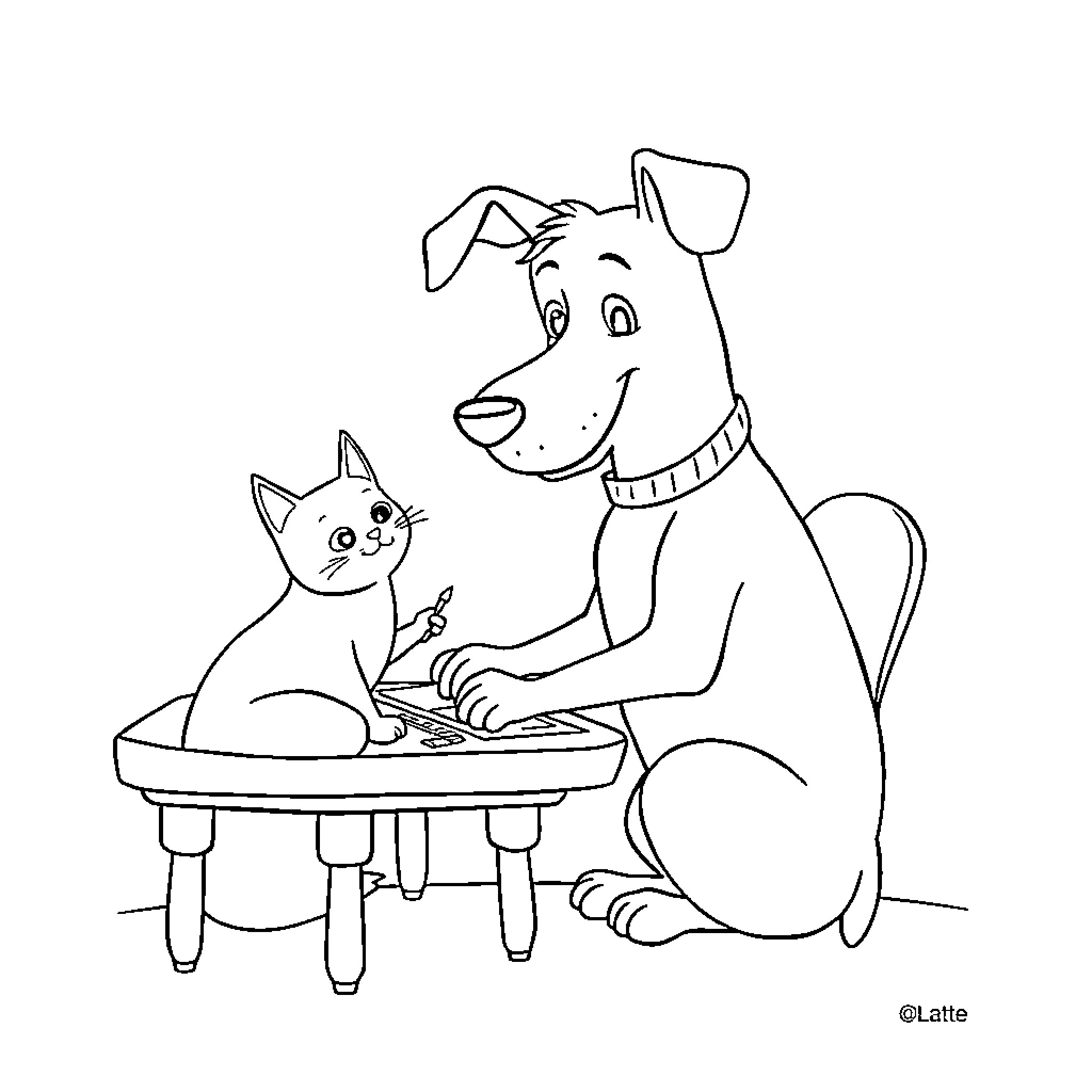 Dog and cat friends having fun together Coloring Page (free black-and-white line drawing printable PDF for all, from beginners to advanced learners, including children, teens, adults, and seniors)