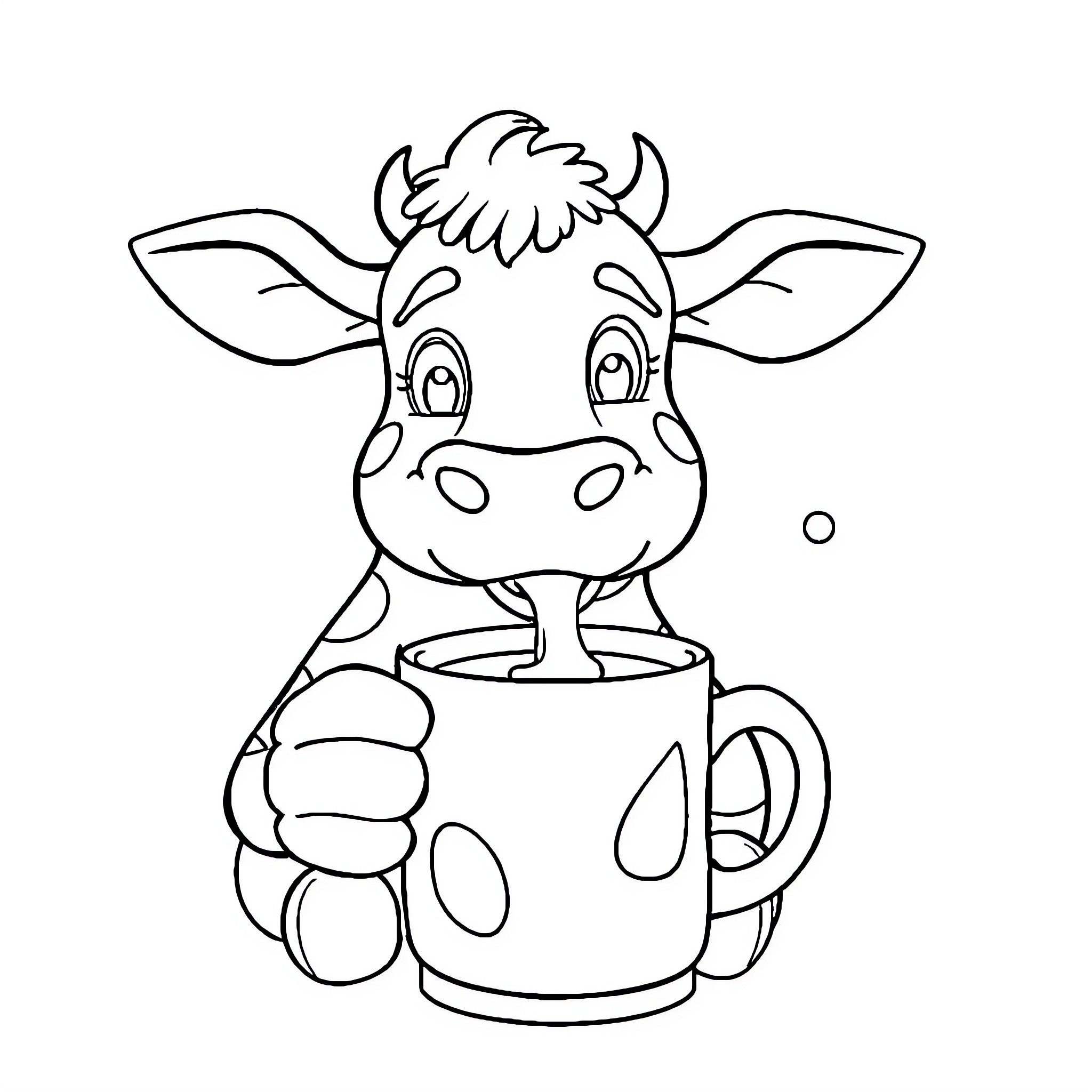 Cow enjoying a warm beverage Coloring Page (free black-and-white line drawing printable PDF for all, from beginners to advanced learners, including children, teens, adults, and seniors)