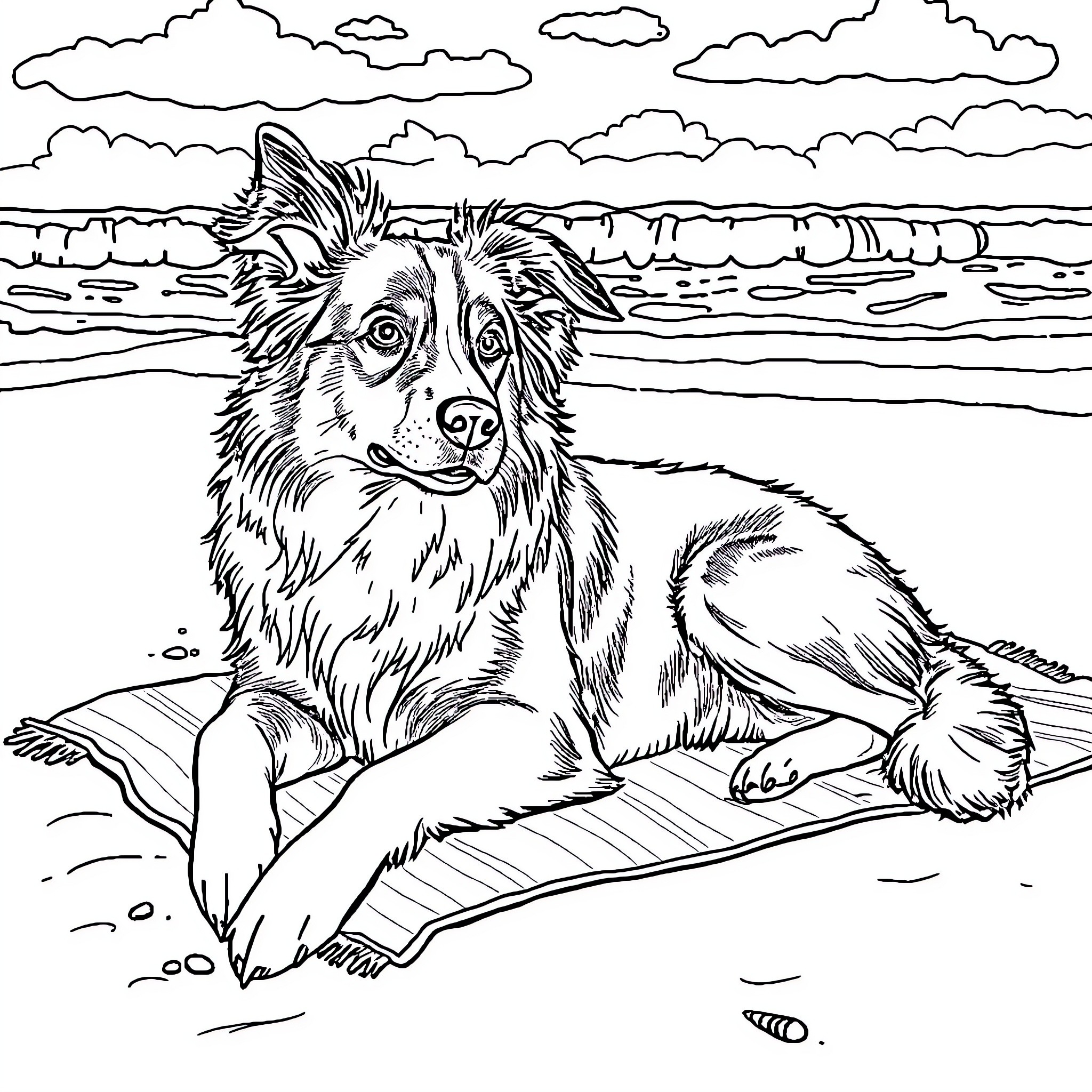 Australian Shepherd relaxing by the beach Coloring Page (free black-and-white line drawing printable PDF for all, from beginners to advanced learners, including children, teens, adults, and seniors)