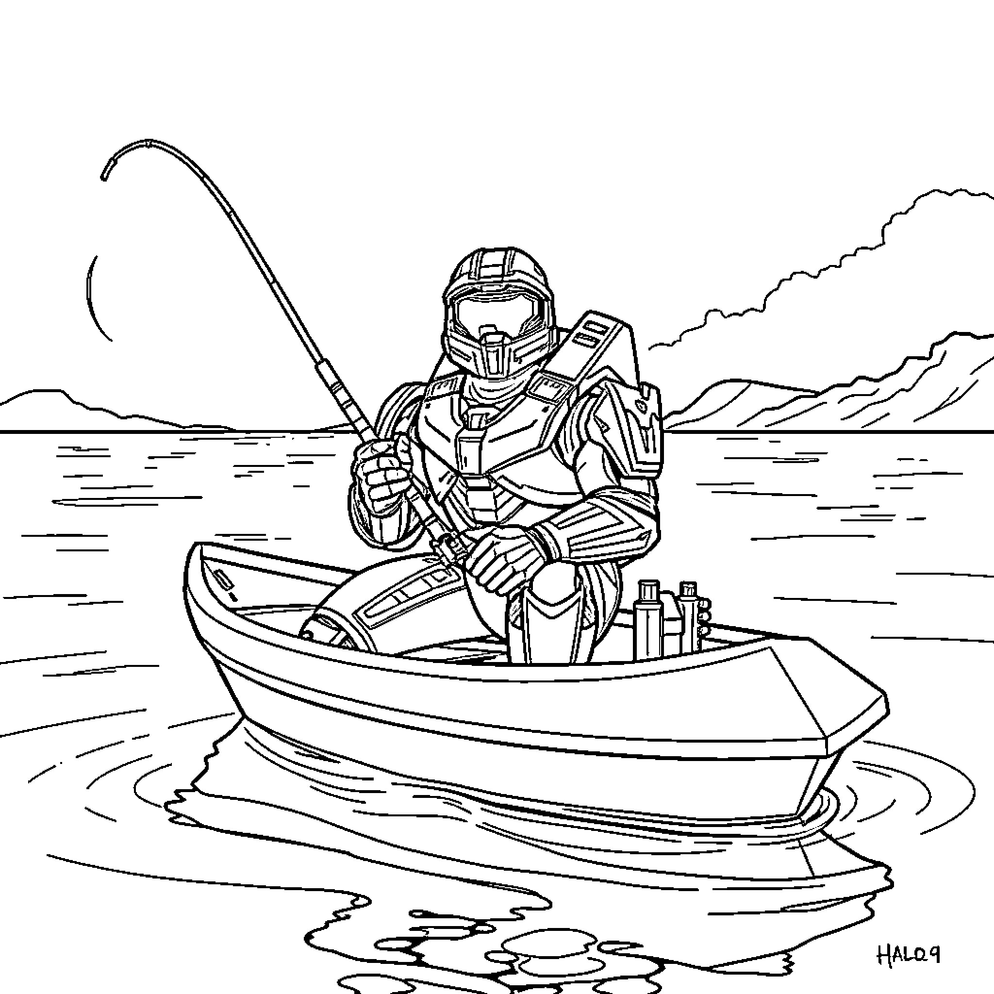 Master Chief fishing in a small boat Coloring Page (free black-and-white line drawing printable PDF for all, from beginners to advanced learners, including children, teens, adults, and seniors)