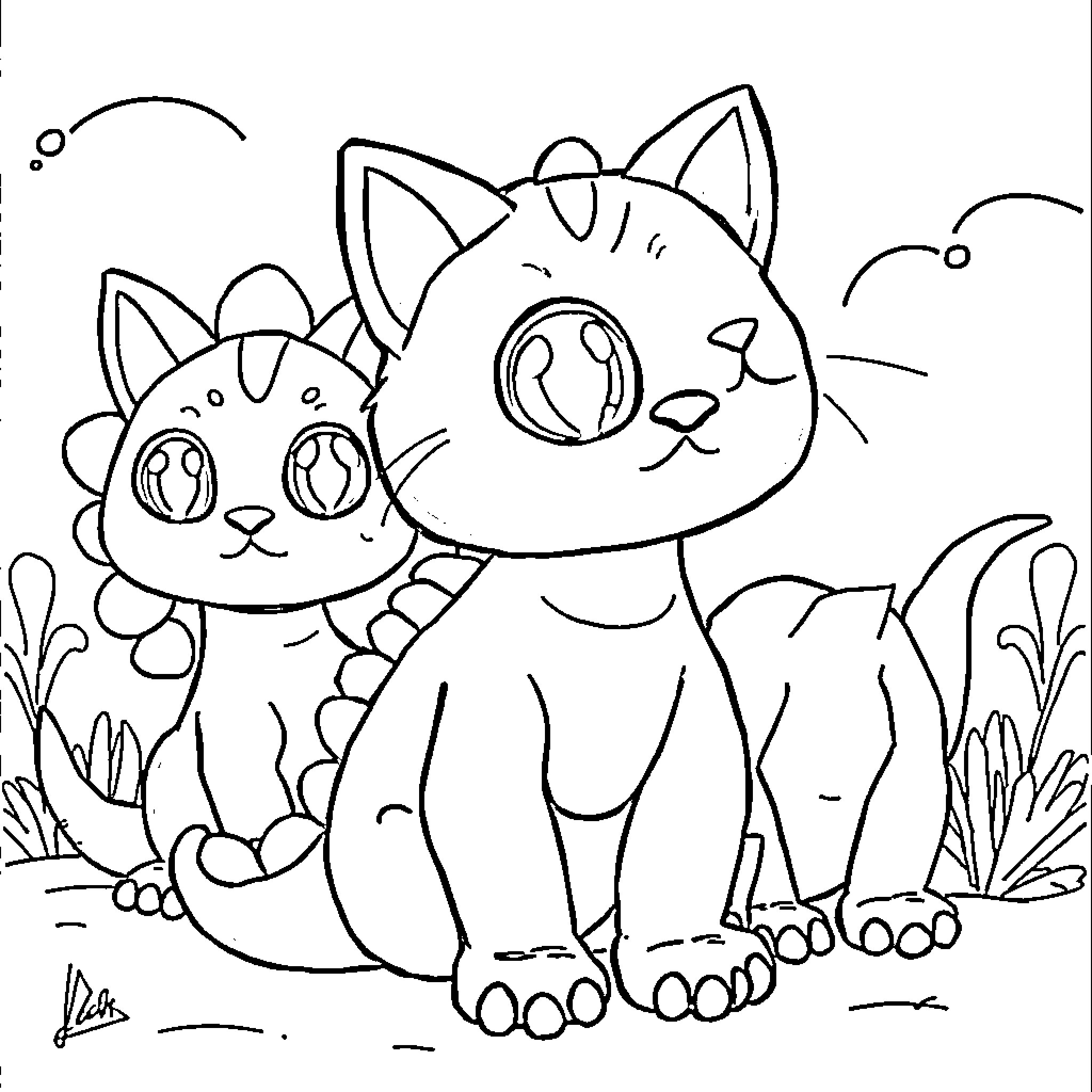 Dinosaur kittens playing in the garden Coloring Page (free black-and-white line drawing printable PDF for all, from beginners to advanced learners, including children, teens, adults, and seniors)