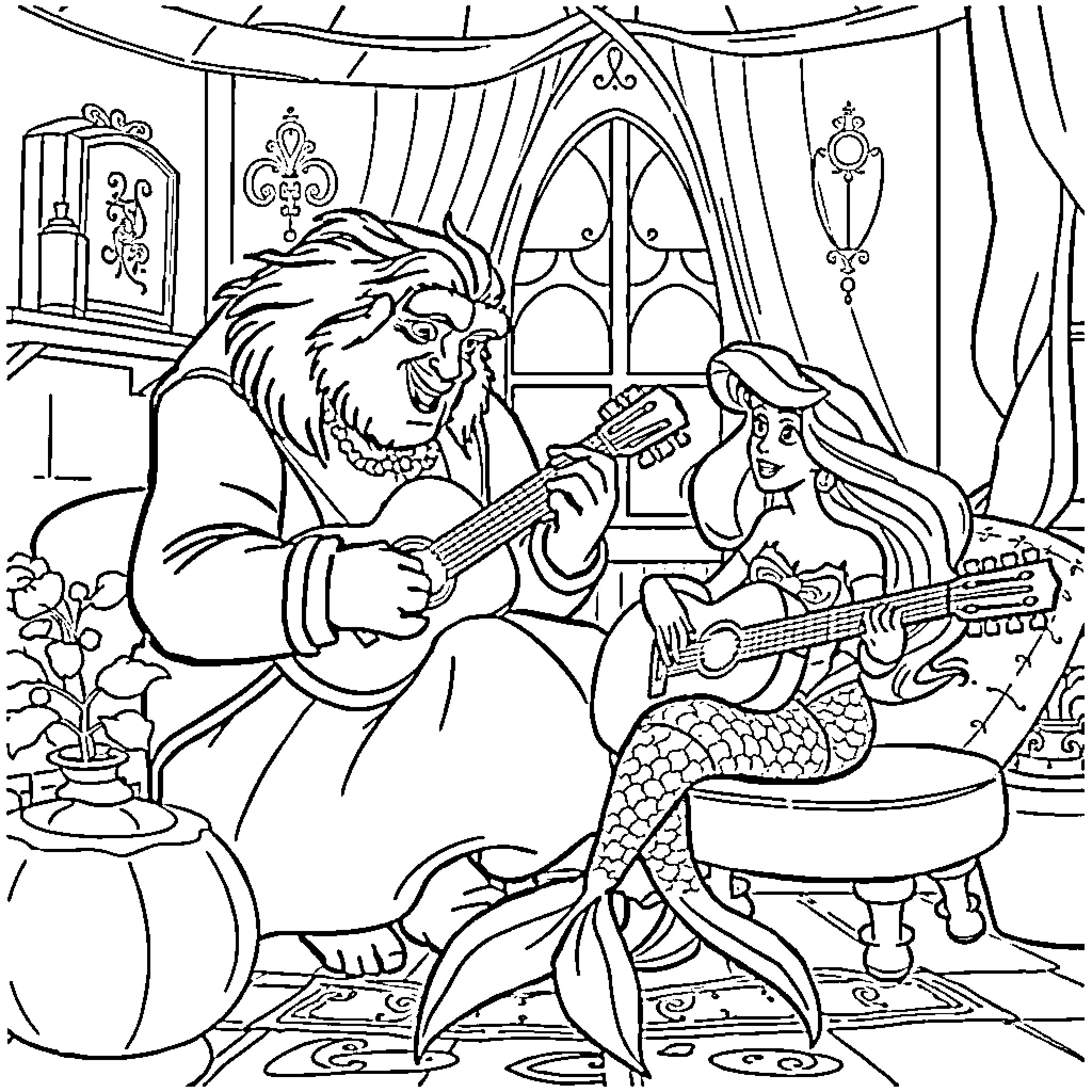 Beauty And The Beast Enjoying Music Together Coloring Page (free black-and-white line drawing printable PDF for all, from beginners to advanced learners, including children, teens, adults, and seniors)