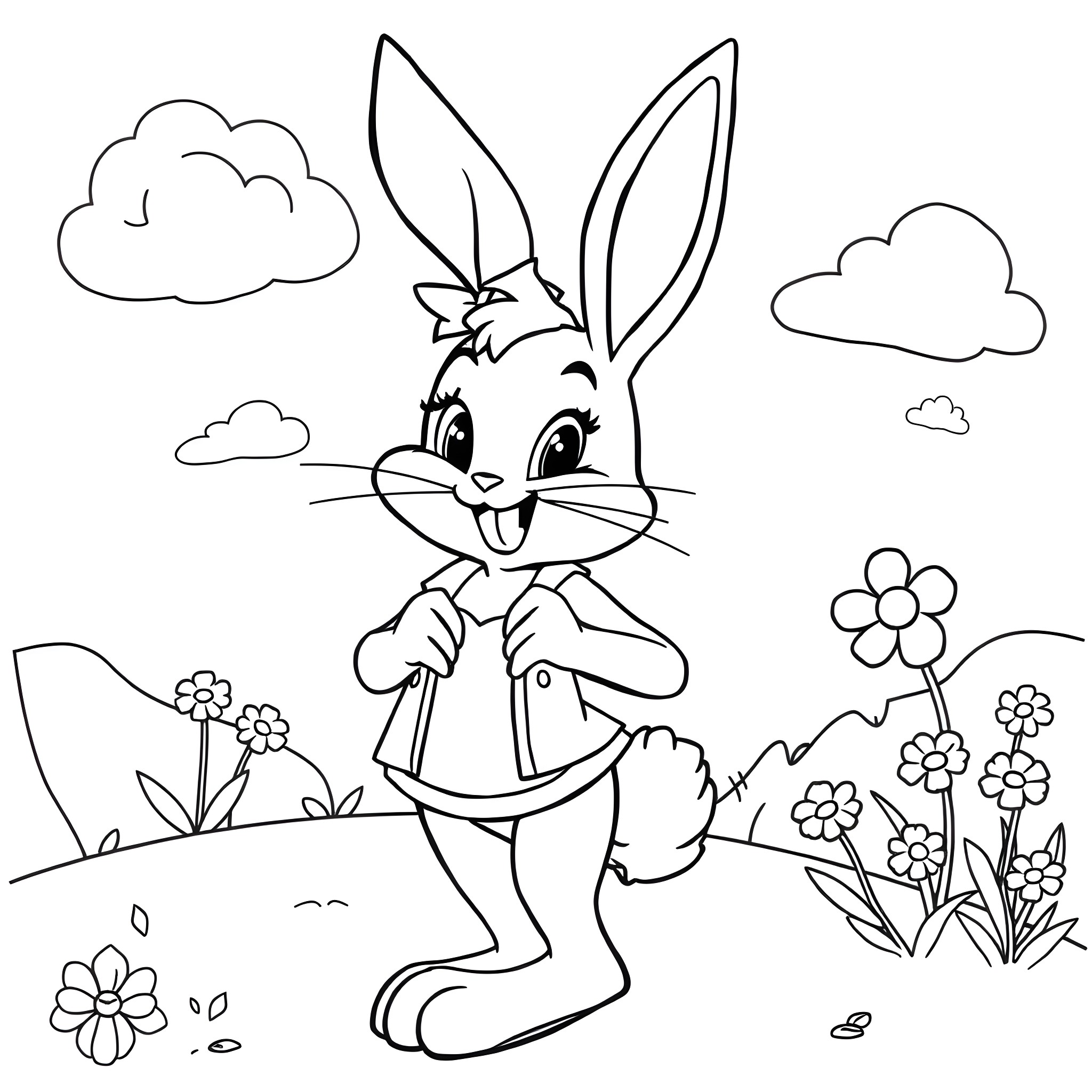 Lola Bunny playing joyfully in a garden scene Coloring Page (free black-and-white line drawing printable PDF for all, from beginners to advanced learners, including children, teens, adults, and seniors)