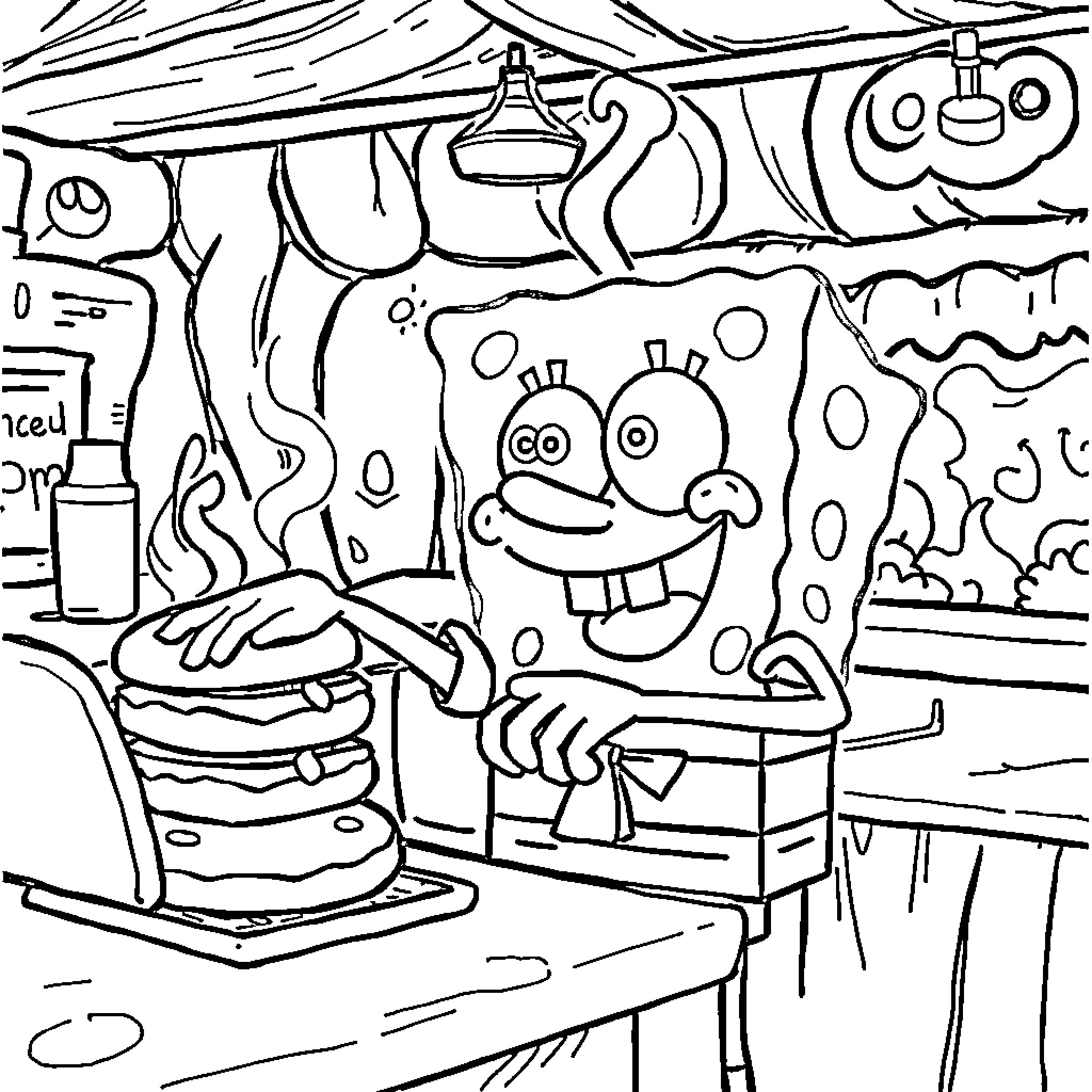 Spongebob's Underwater Kitchen Adventure Coloring Page (free black-and-white line drawing printable PDF for all, from beginners to advanced learners, including children, teens, adults, and seniors)