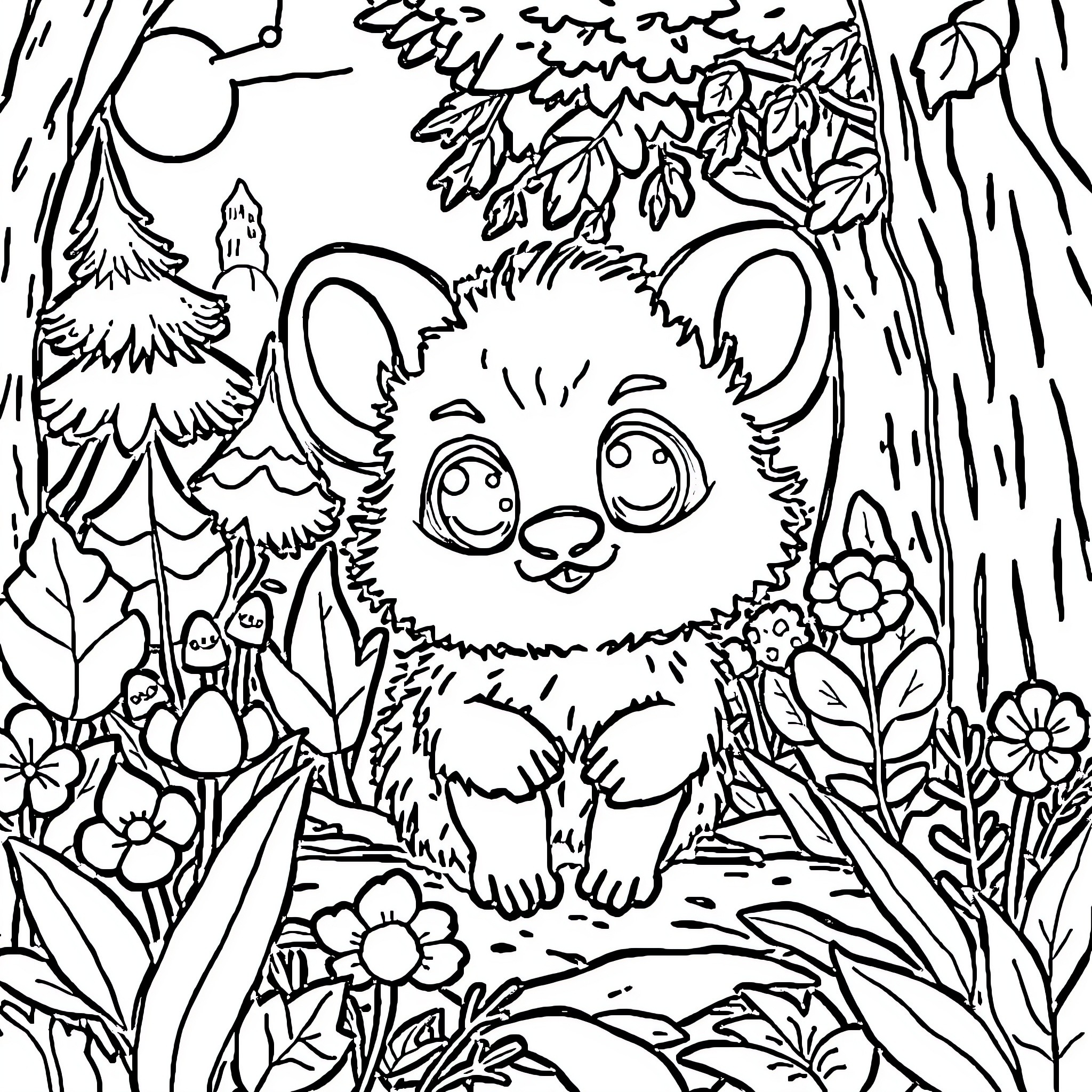 Labubu's Enchanted Forest Adventure Coloring Page (free black-and-white line drawing printable PDF for all, from beginners to advanced learners, including children, teens, adults, and seniors)