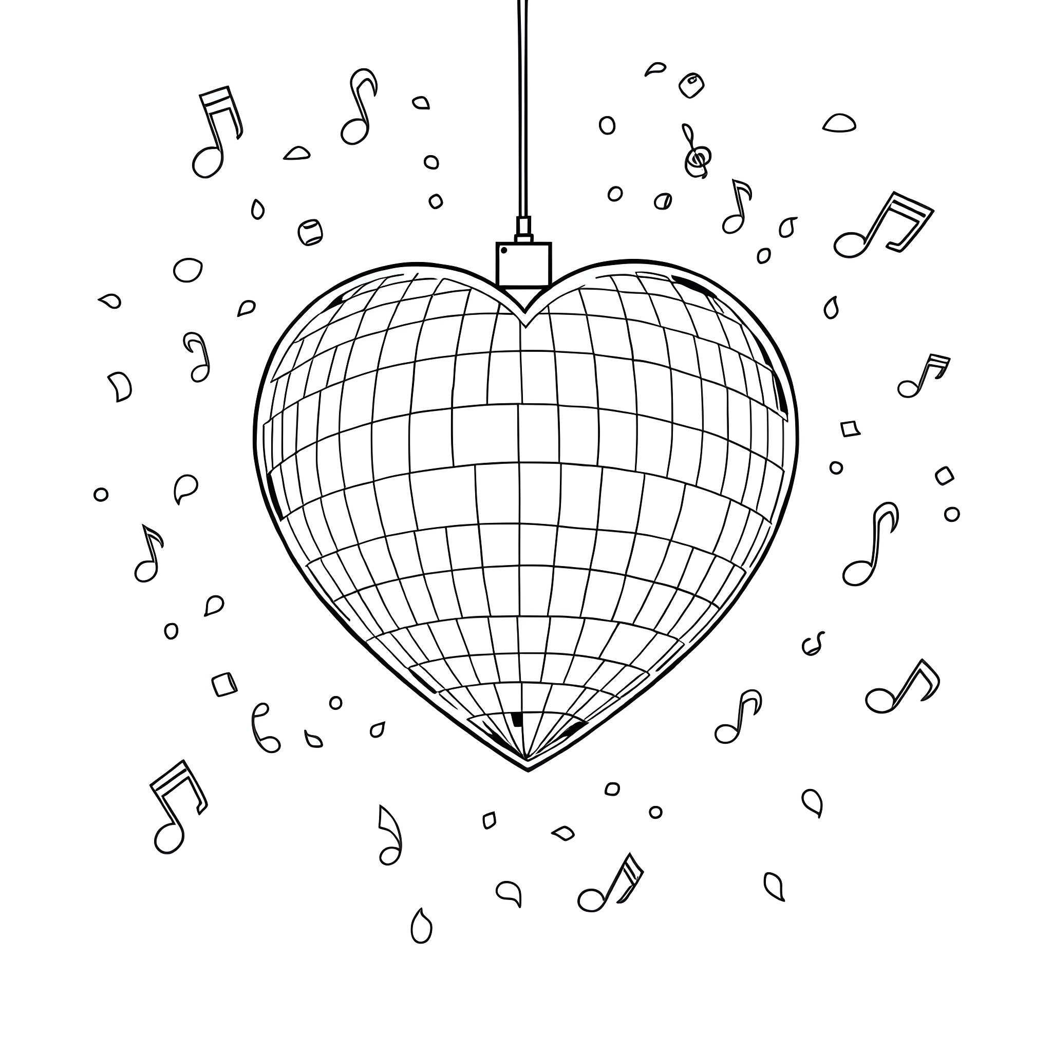 Disco Ball Heart Surrounded by Music Notes Coloring Page (free black-and-white line drawing printable PDF for all, from beginners to advanced learners, including children, teens, adults, and seniors)