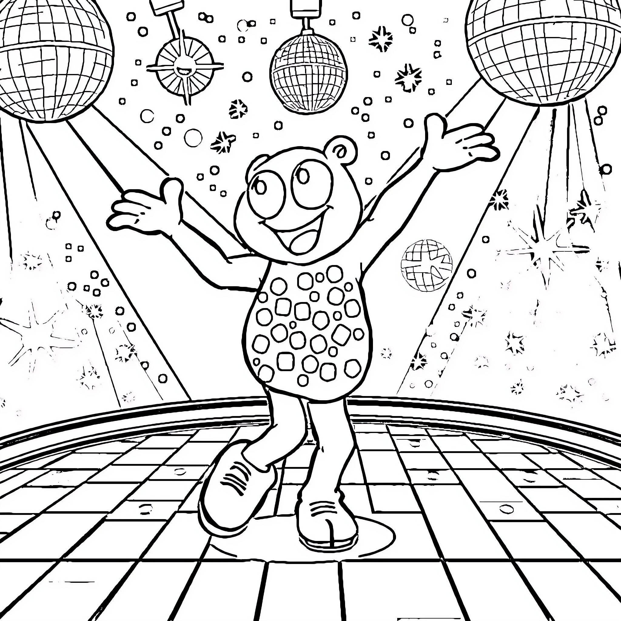 Bingo! Joyful disco dance party Coloring Page (free black-and-white line drawing printable PDF for all, from beginners to advanced learners, including children, teens, adults, and seniors)