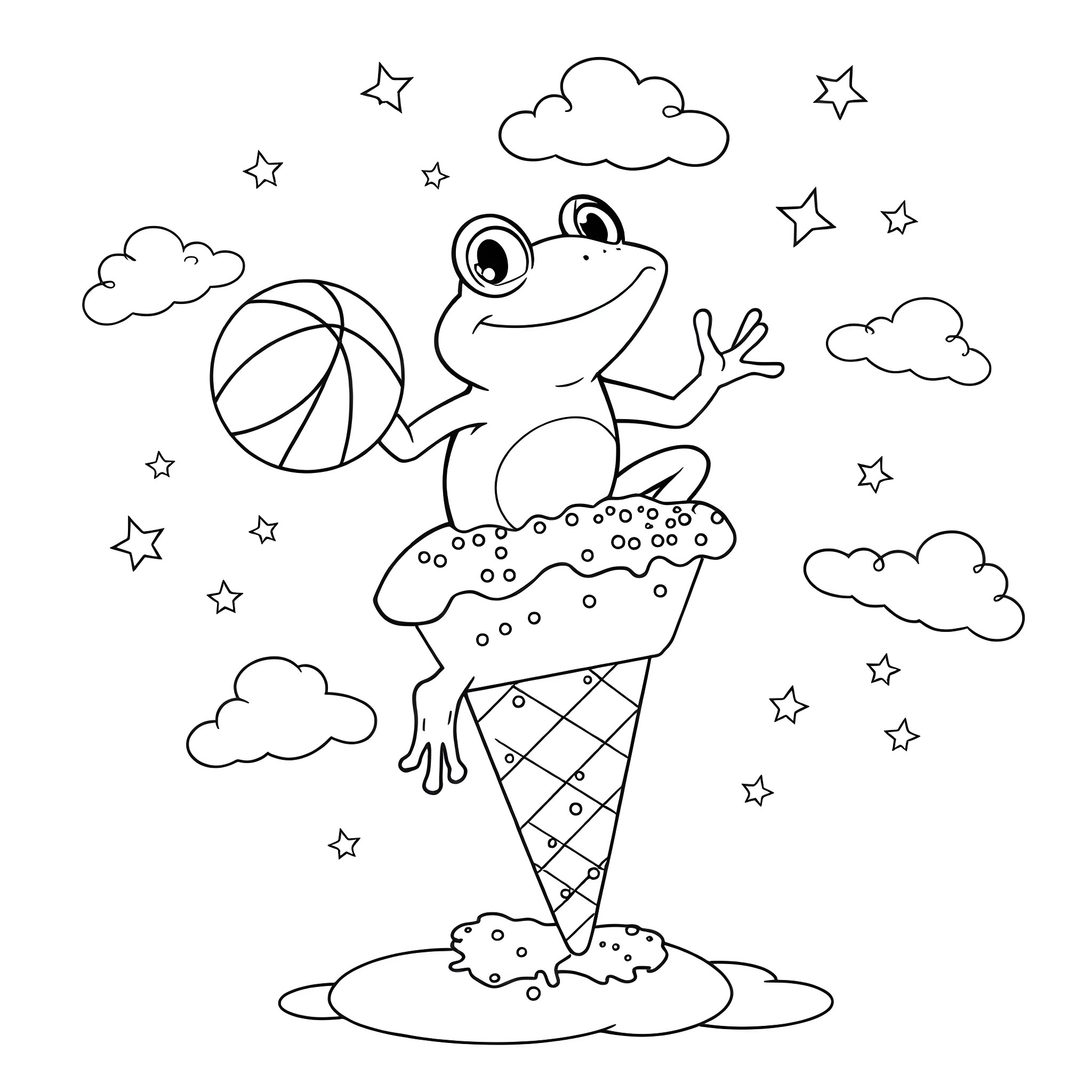 Frog playing happily with ball on ice cream cone Coloring Page (free black-and-white line drawing printable PDF for all, from beginners to advanced learners, including children, teens, adults, and seniors)
