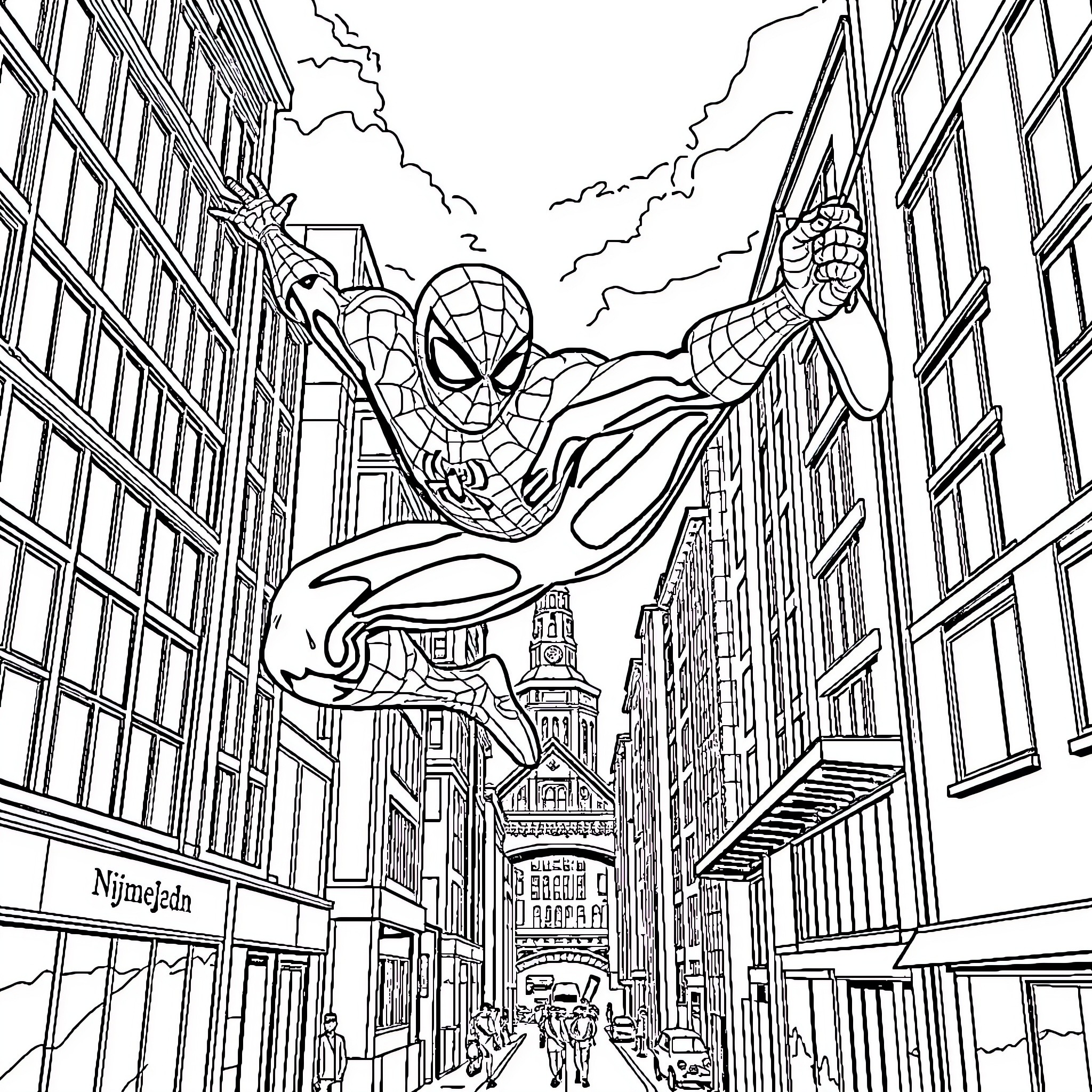 Spiderman swinging through the city streets Coloring Page (free black-and-white line drawing printable PDF for all, from beginners to advanced learners, including children, teens, adults, and seniors)