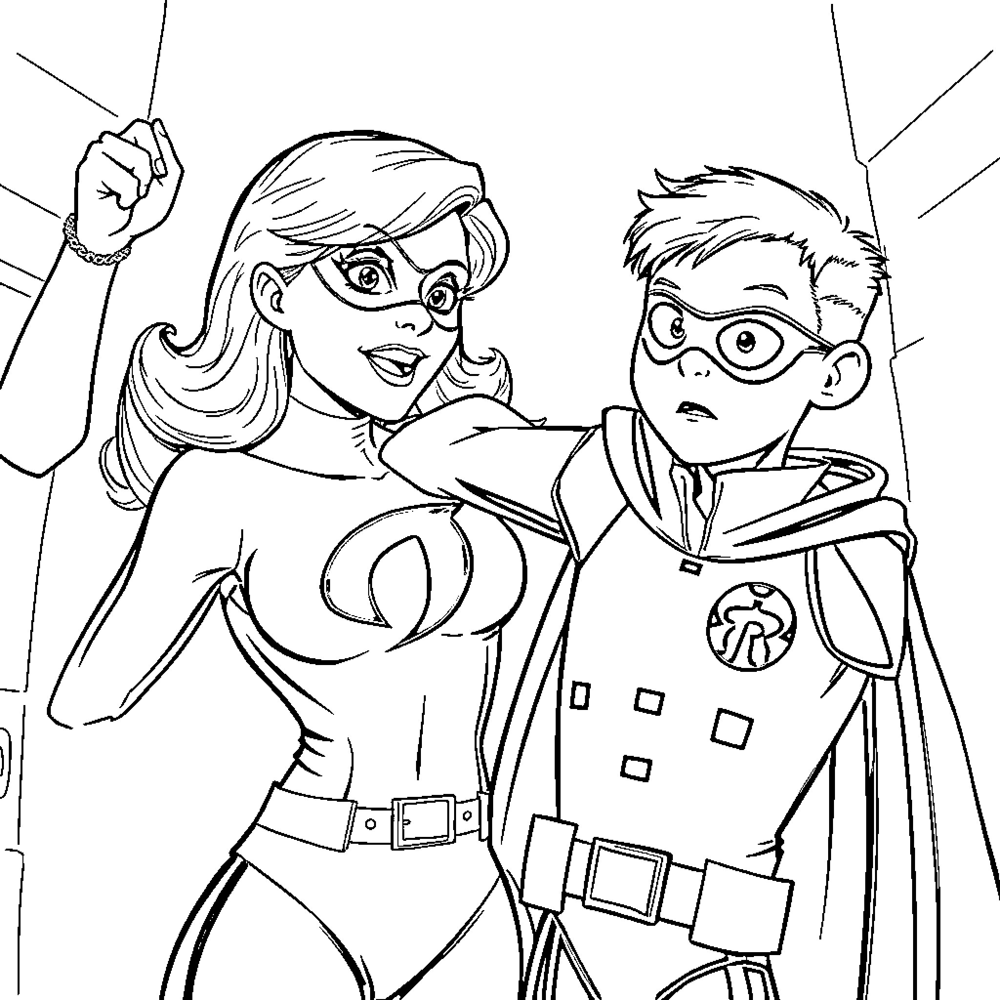 Elastigirl and Young Superhero in Action Coloring Page (free black-and-white line drawing printable PDF for all, from beginners to advanced learners, including children, teens, adults, and seniors)