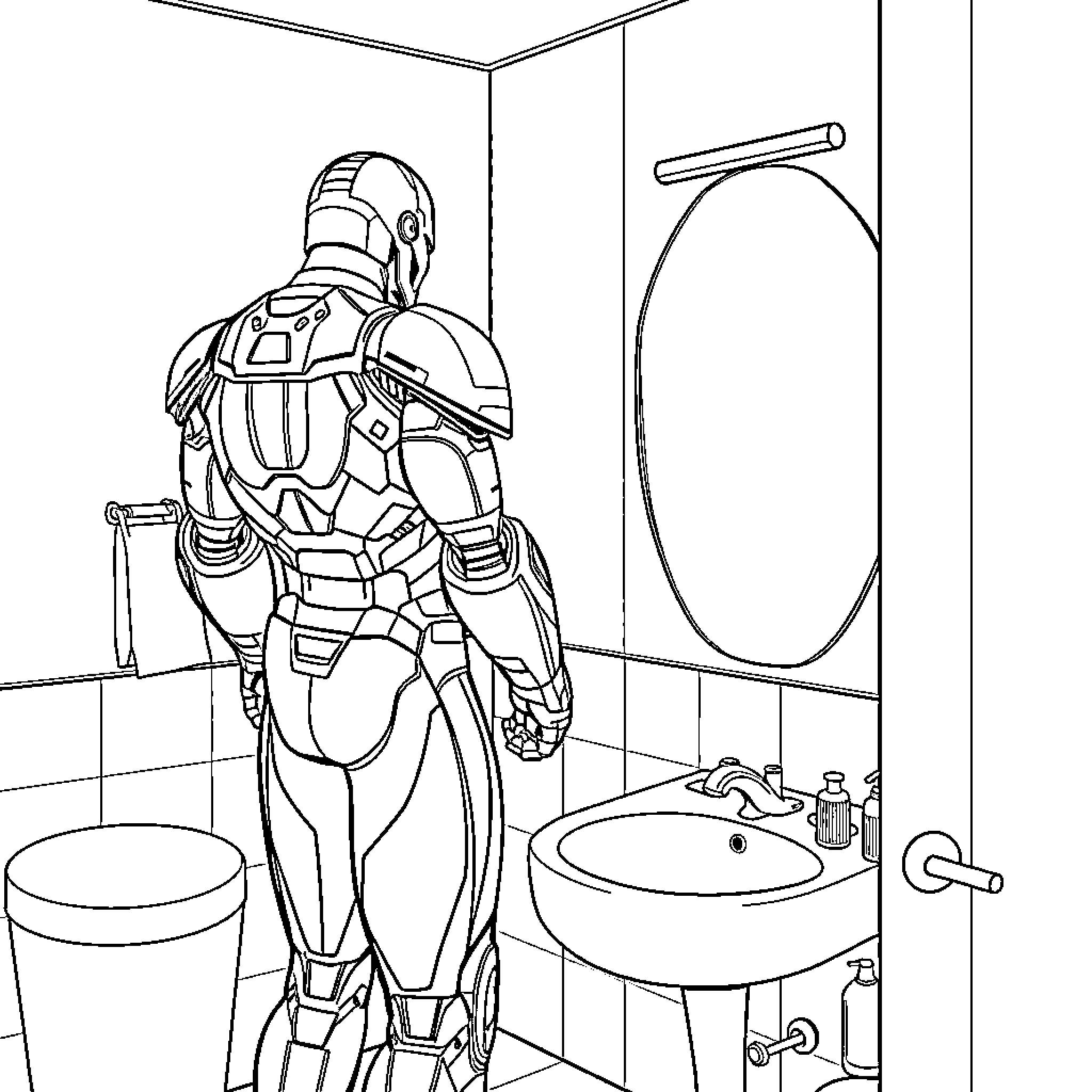 Ironman Preparing for Battle in the Bathroom Coloring Page (free black-and-white line drawing printable PDF for all, from beginners to advanced learners, including children, teens, adults, and seniors)