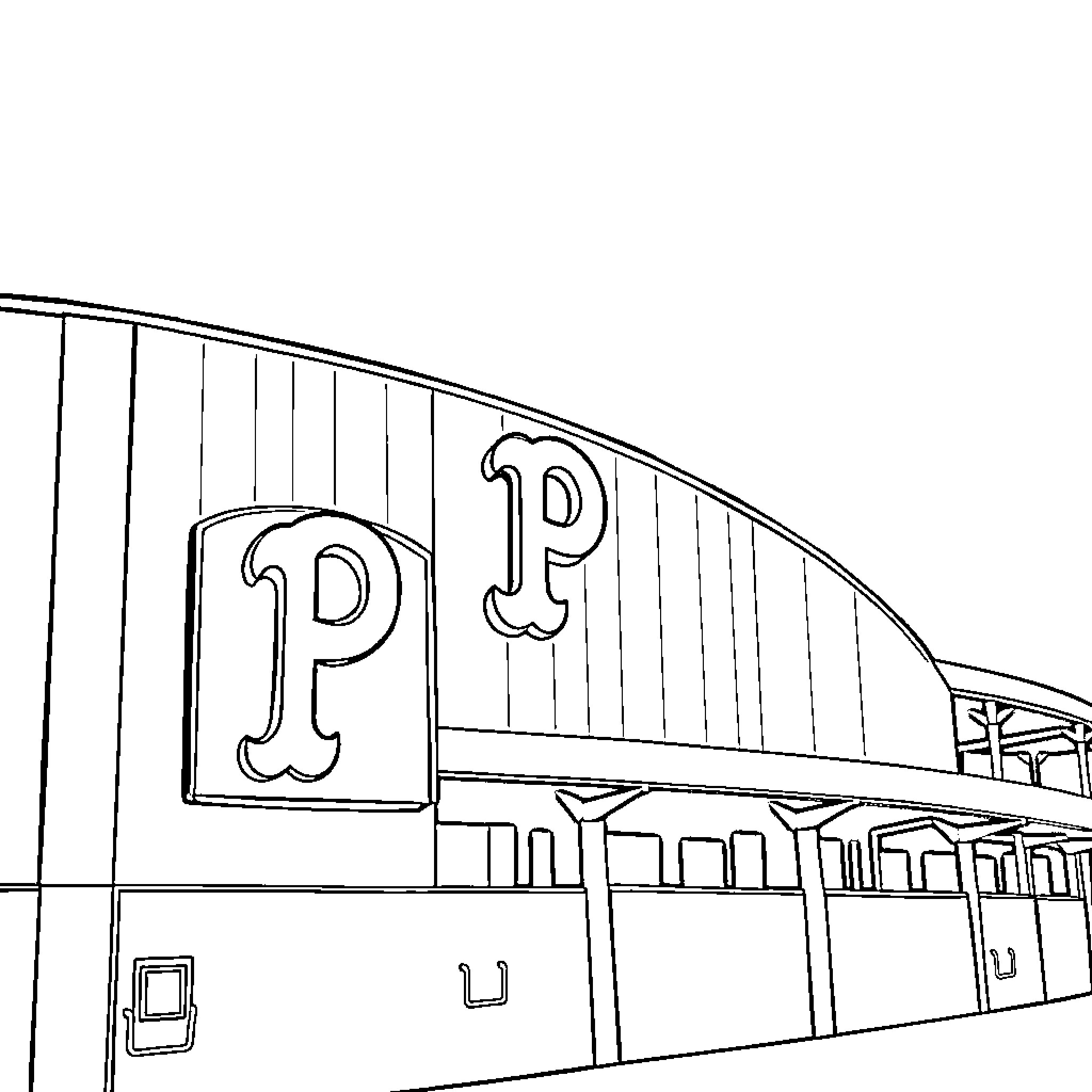 Letter P Depicting Large Building Structure Coloring Page (free black-and-white line drawing printable PDF for all, from beginners to advanced learners, including children, teens, adults, and seniors)