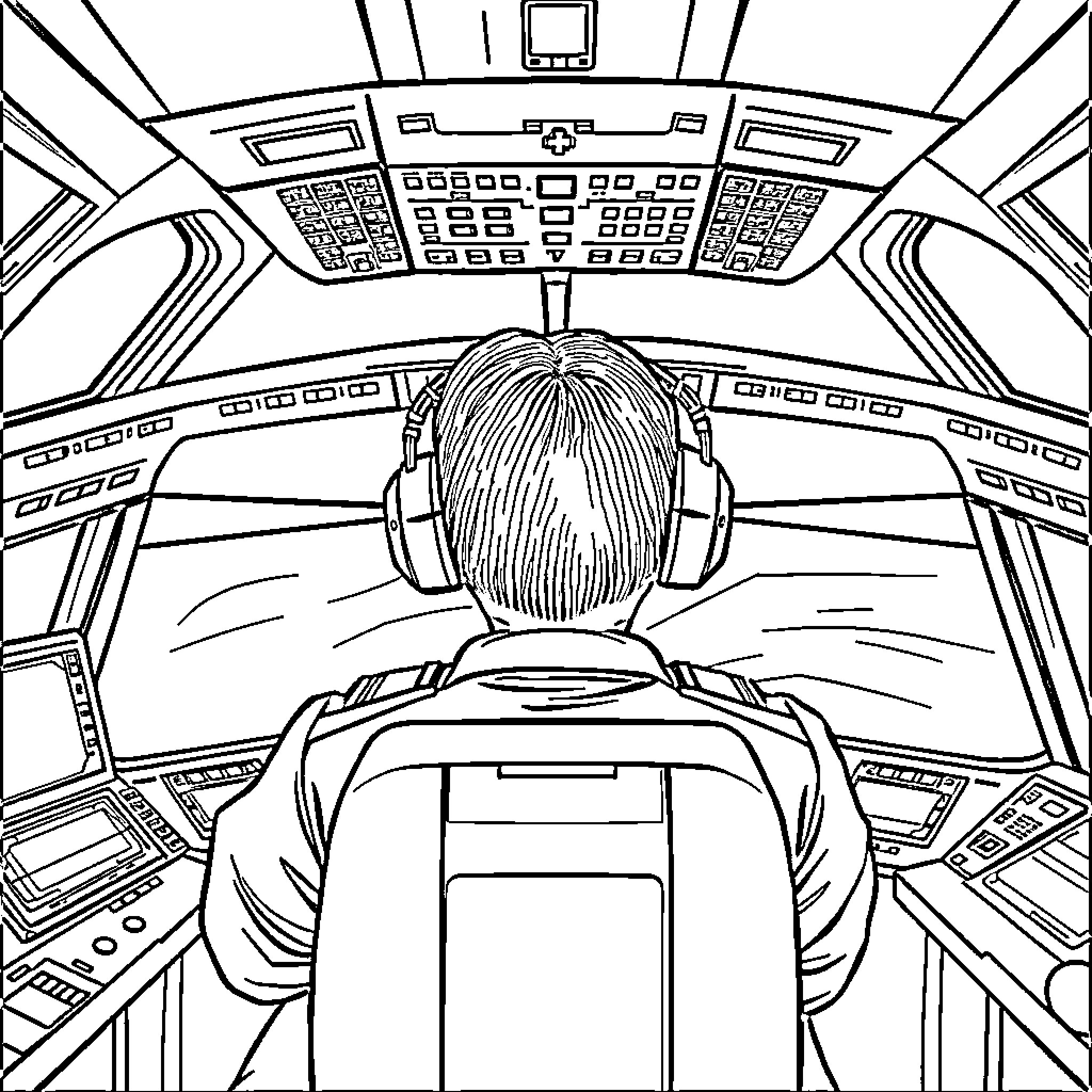 Pilot operating aircraft cockpit controls Coloring Page (free black-and-white line drawing printable PDF for all, from beginners to advanced learners, including children, teens, adults, and seniors)