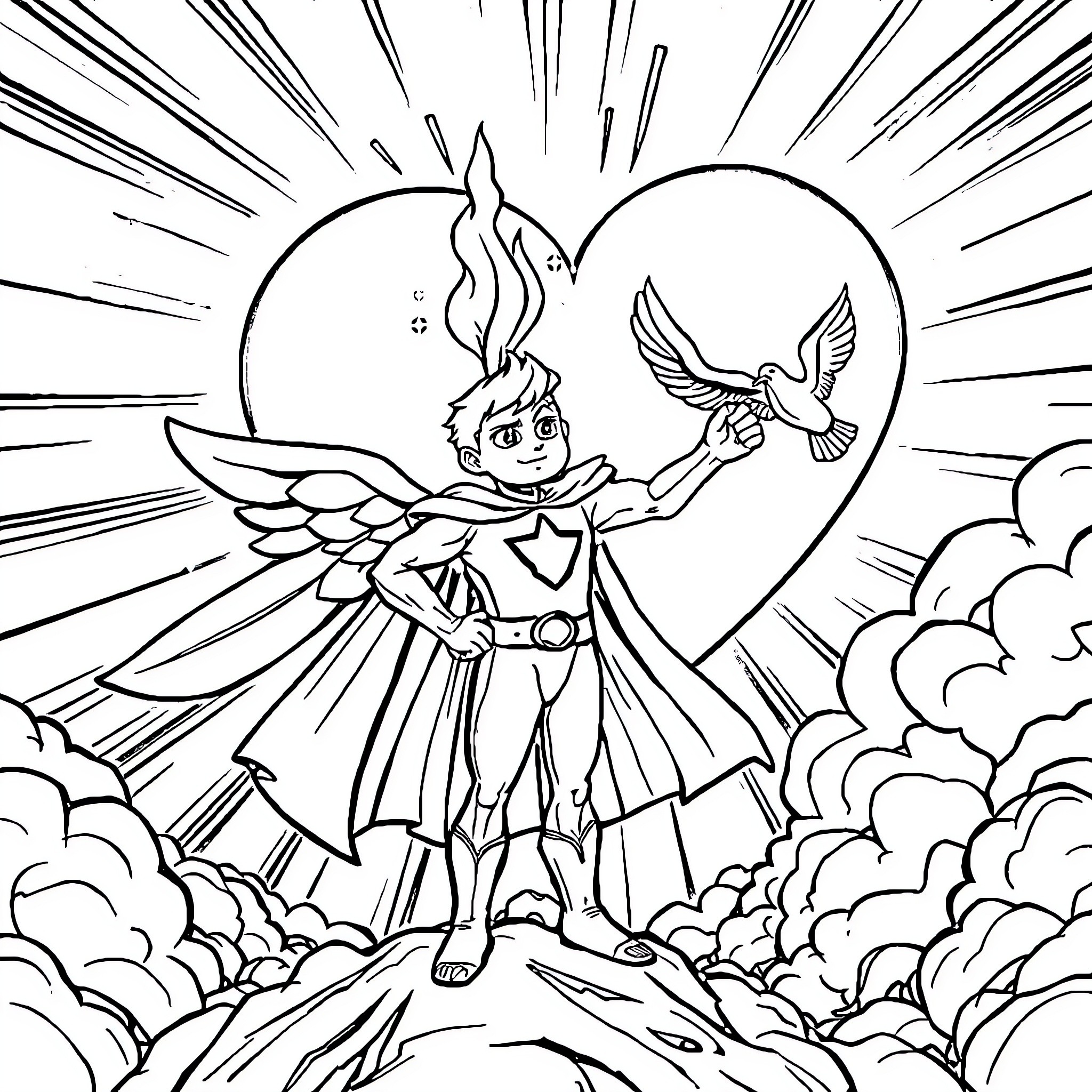 Holy Spirit Warrior Fights with Heavenly Dove Coloring Page (free black-and-white line drawing printable PDF for all, from beginners to advanced learners, including children, teens, adults, and seniors)