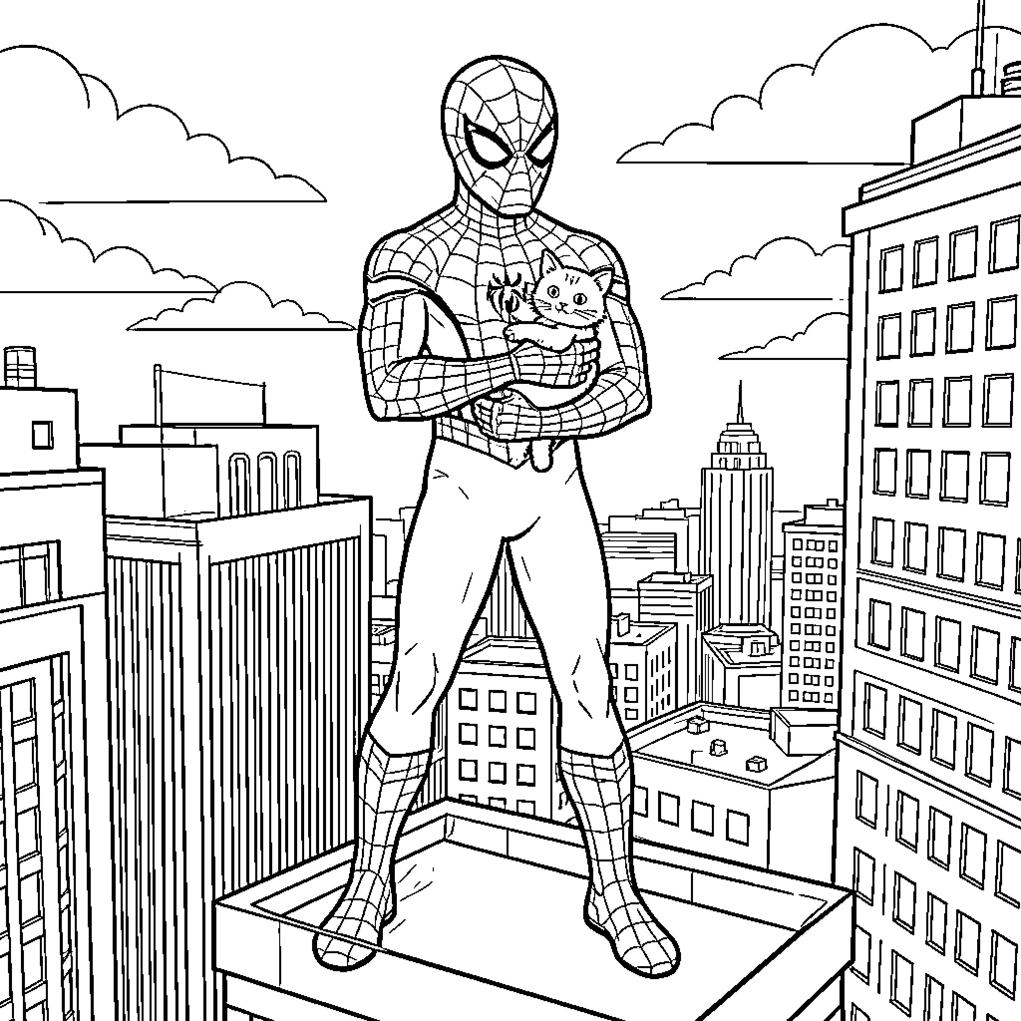 Spiderman standing on a rooftop holding a small cat Coloring Page (free black-and-white line drawing printable PDF for all, from beginners to advanced learners, including children, teens, adults, and seniors)