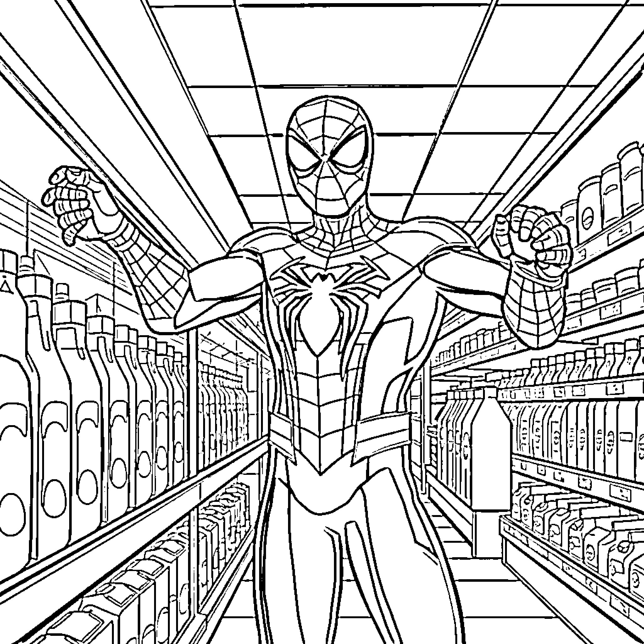 Spiderman exploring a supermarket filled with shelves Coloring Page (free black-and-white line drawing printable PDF for all, from beginners to advanced learners, including children, teens, adults, and seniors)