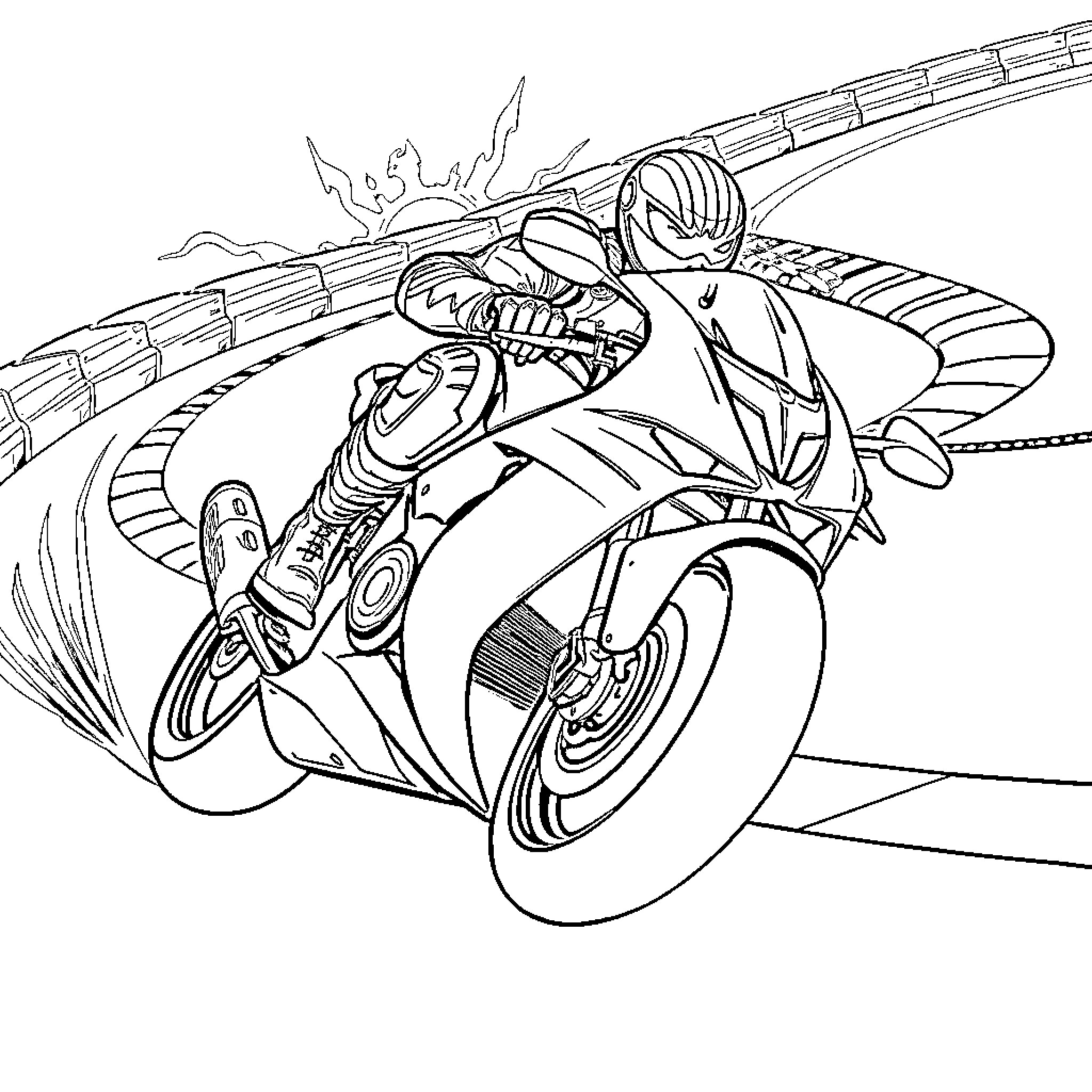Venom Motorcycle Racer Speeding on the Track Coloring Page (free black-and-white line drawing printable PDF for all, from beginners to advanced learners, including children, teens, adults, and seniors)