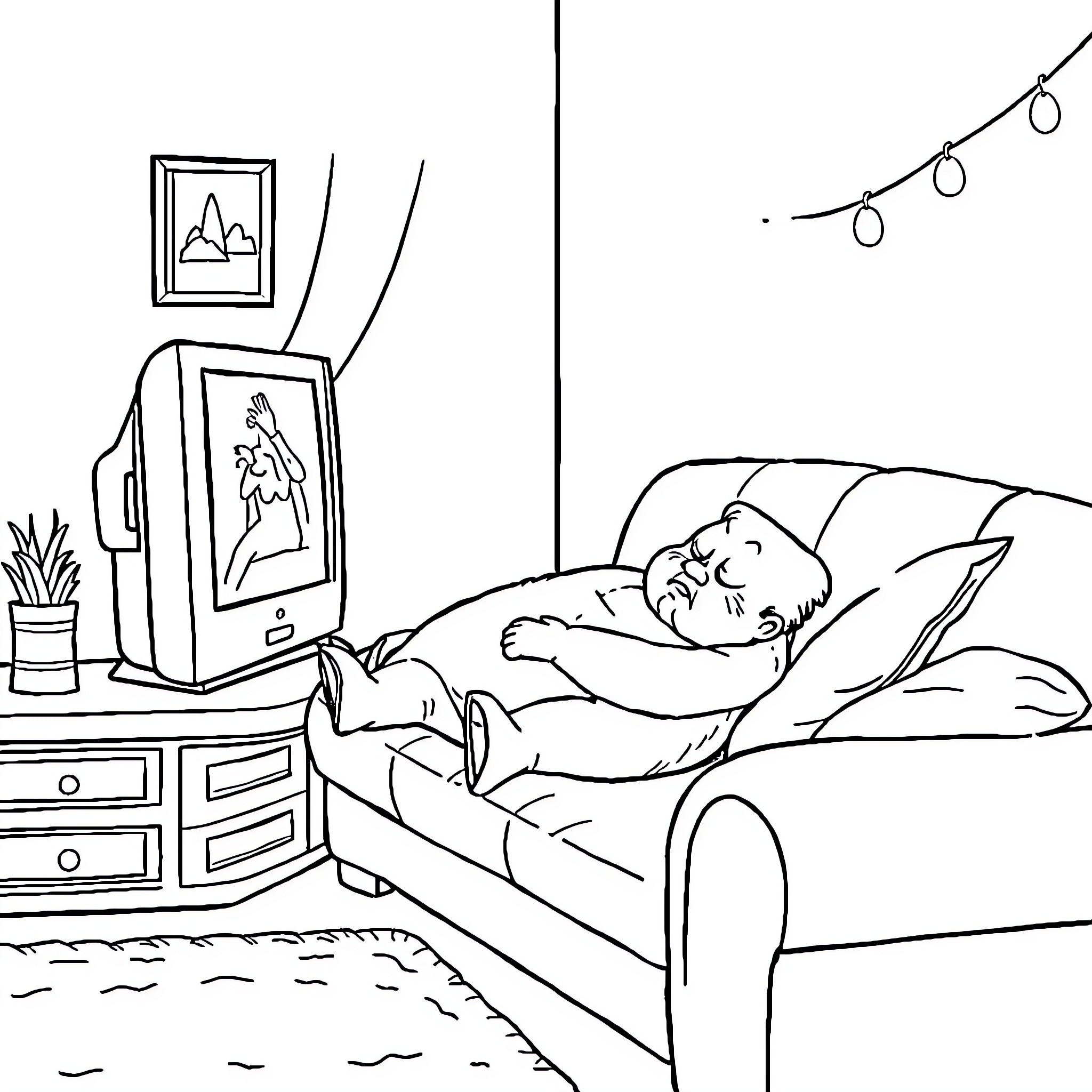Grandfather resting comfortably in living room Coloring Page (free black-and-white line drawing printable PDF for all, from beginners to advanced learners, including children, teens, adults, and seniors)