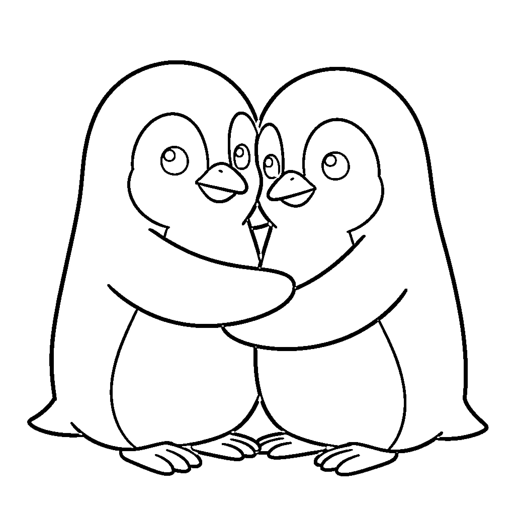 Penguin couple embracing lovingly Coloring Page (free black-and-white line drawing printable PDF for all, from beginners to advanced learners, including children, teens, adults, and seniors)