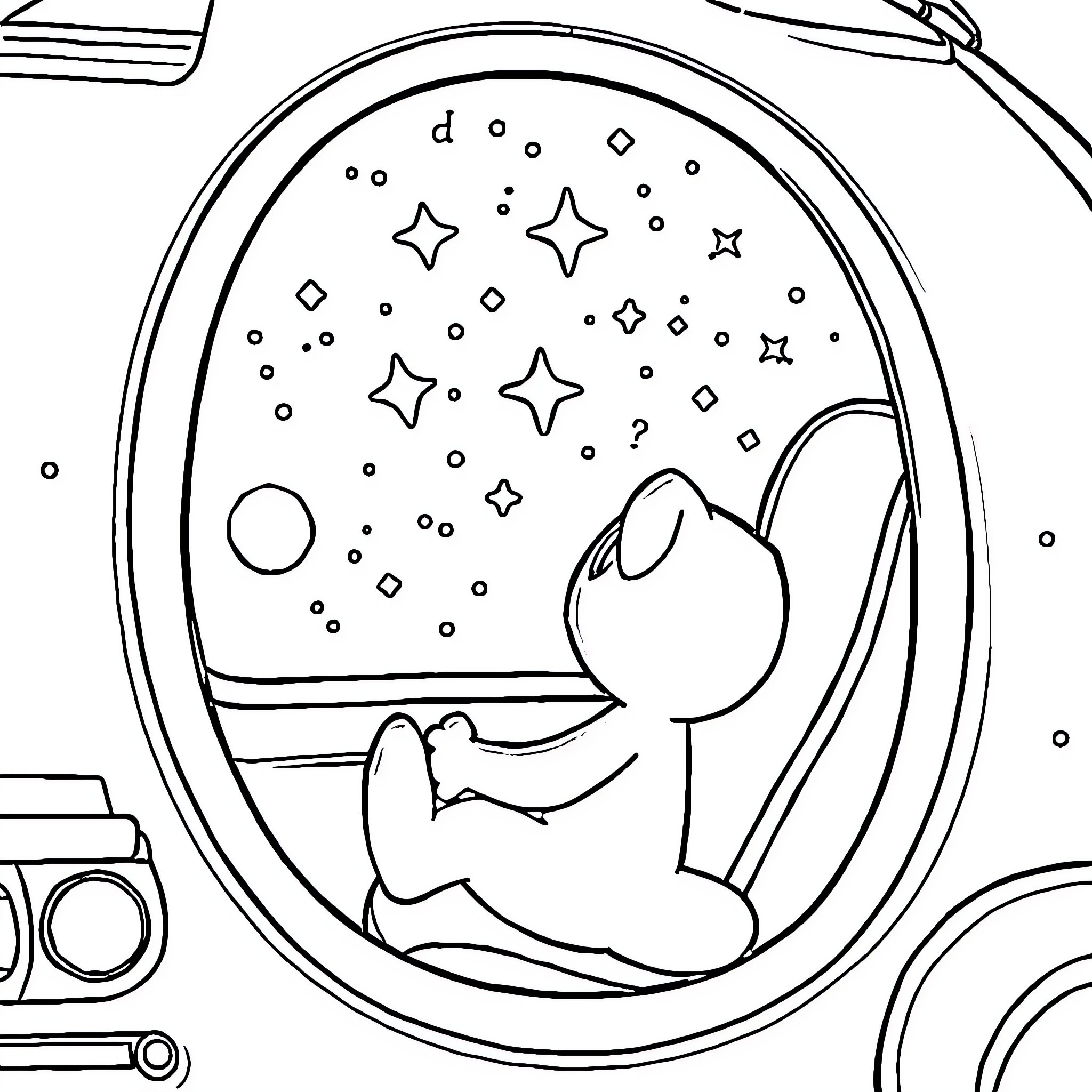 Bluey relaxing in a starry night scene Coloring Page (free black-and-white line drawing printable PDF for all, from beginners to advanced learners, including children, teens, adults, and seniors)