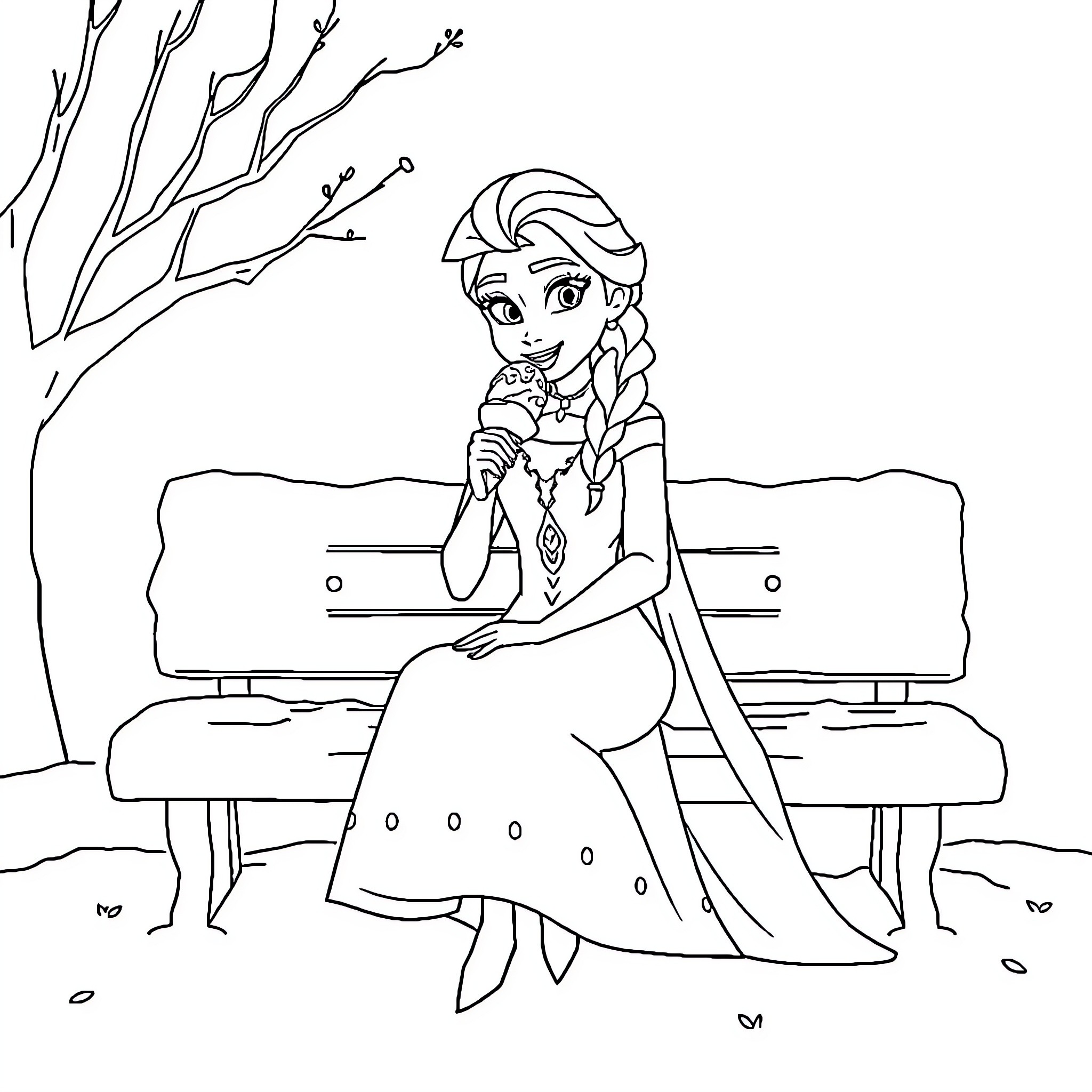 Queen Elsa contemplating on a snowy bench Coloring Page (free black-and-white line drawing printable PDF for all, from beginners to advanced learners, including children, teens, adults, and seniors)