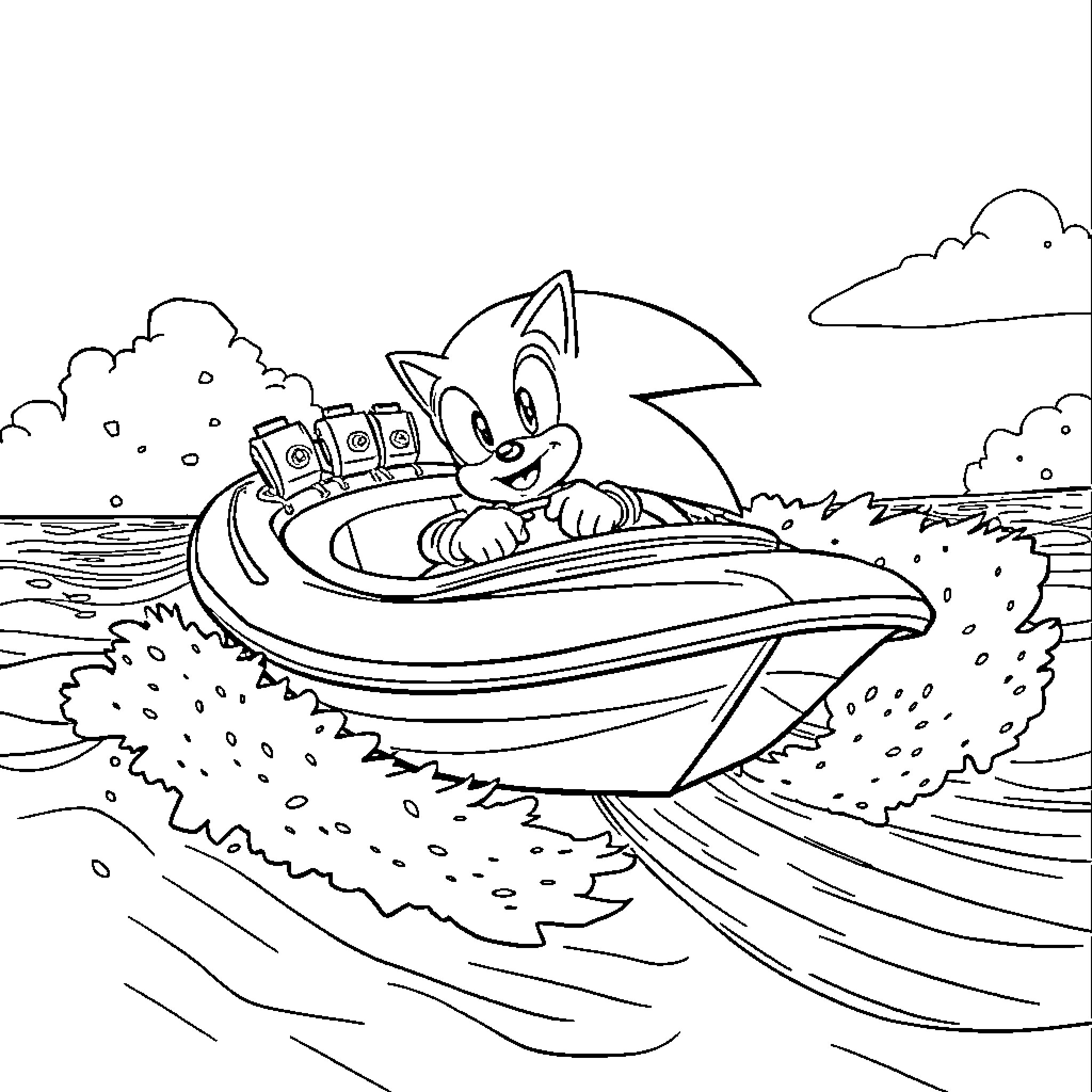 Sonic riding a speedy aquatic vehicle Coloring Page (free black-and-white line drawing printable PDF for all, from beginners to advanced learners, including children, teens, adults, and seniors)