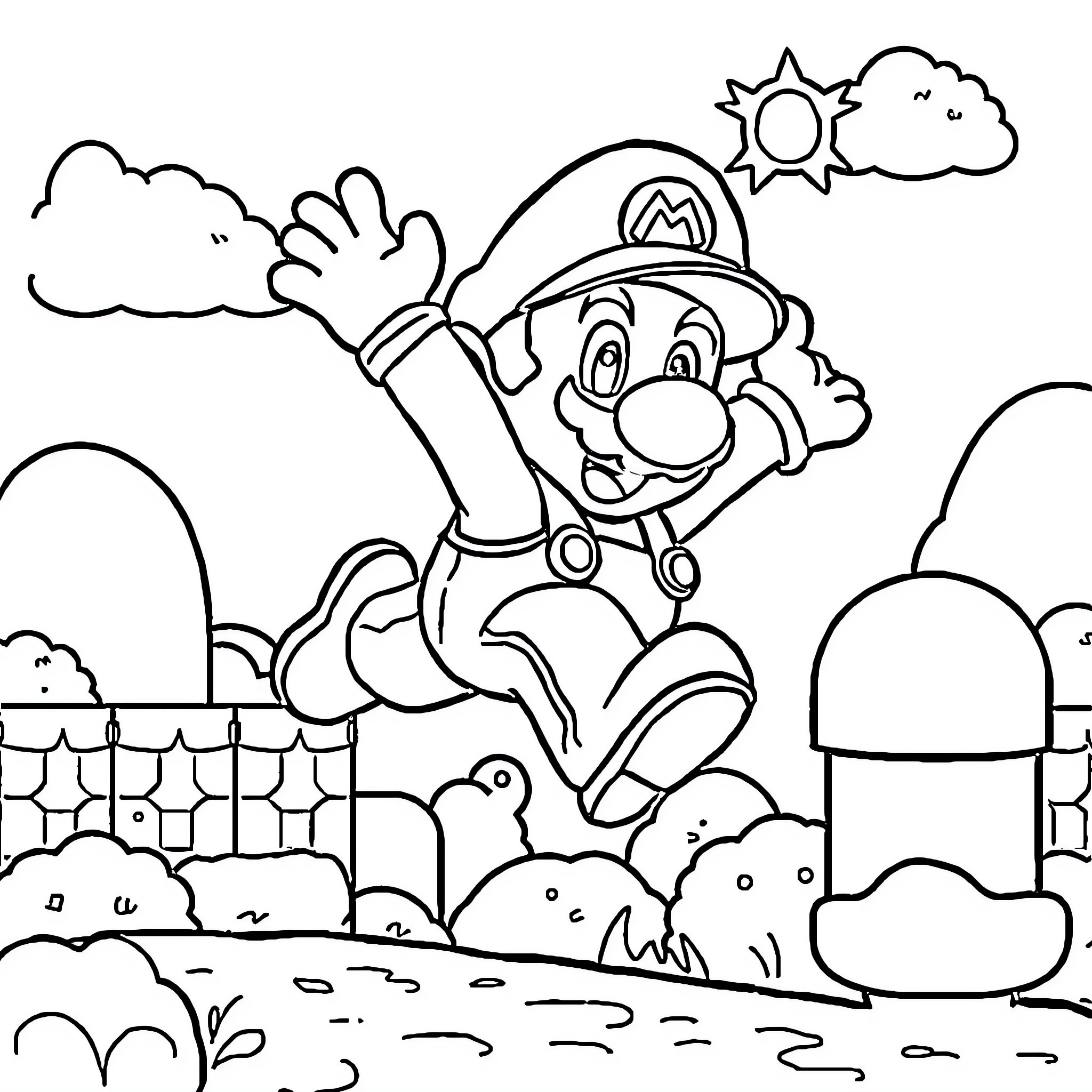 Mario happily jumping in the landscape Coloring Page (free black-and-white line drawing printable PDF for all, from beginners to advanced learners, including children, teens, adults, and seniors)