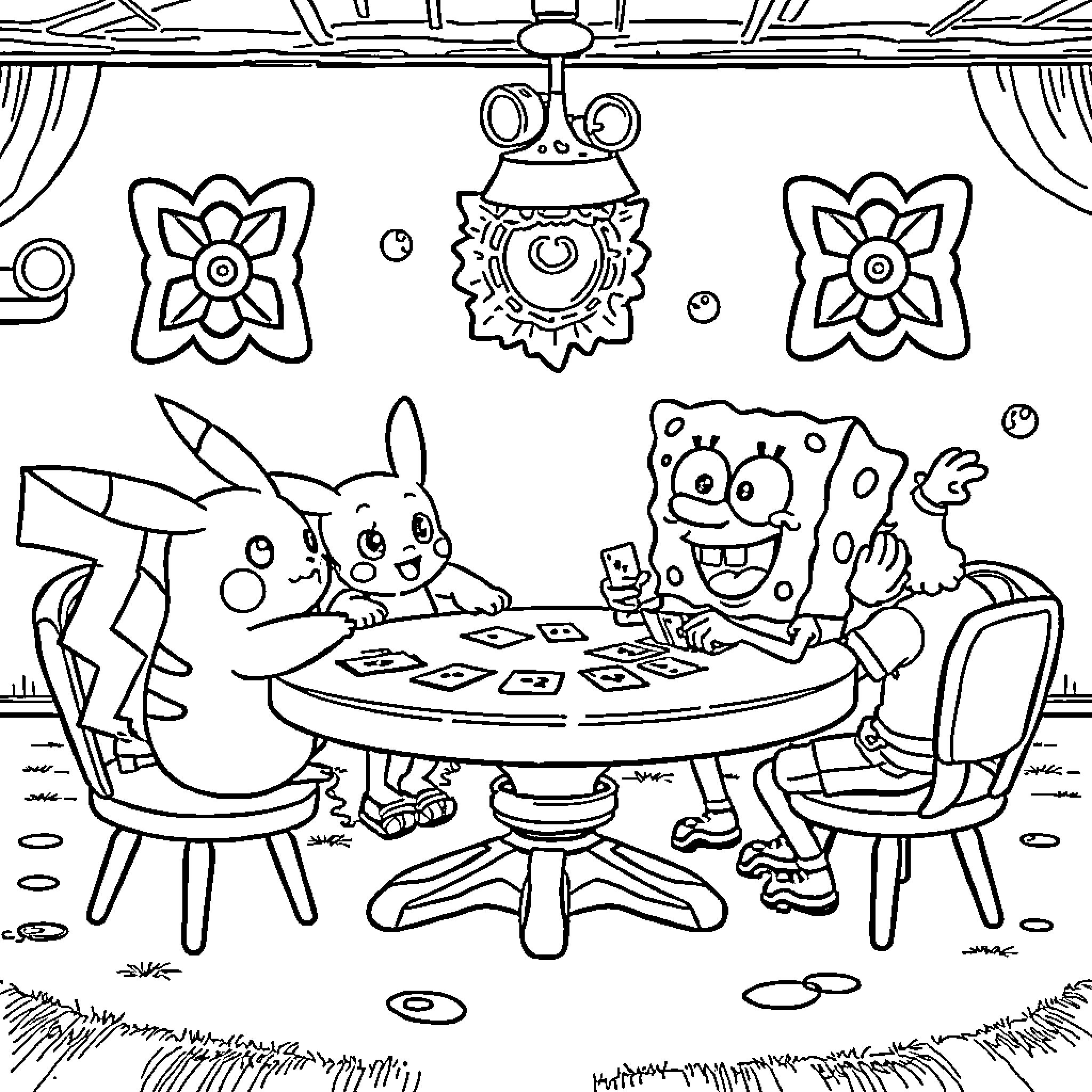 Pikachu and Friends Playing a Game Together Coloring Page (free black-and-white line drawing printable PDF for all, from beginners to advanced learners, including children, teens, adults, and seniors)