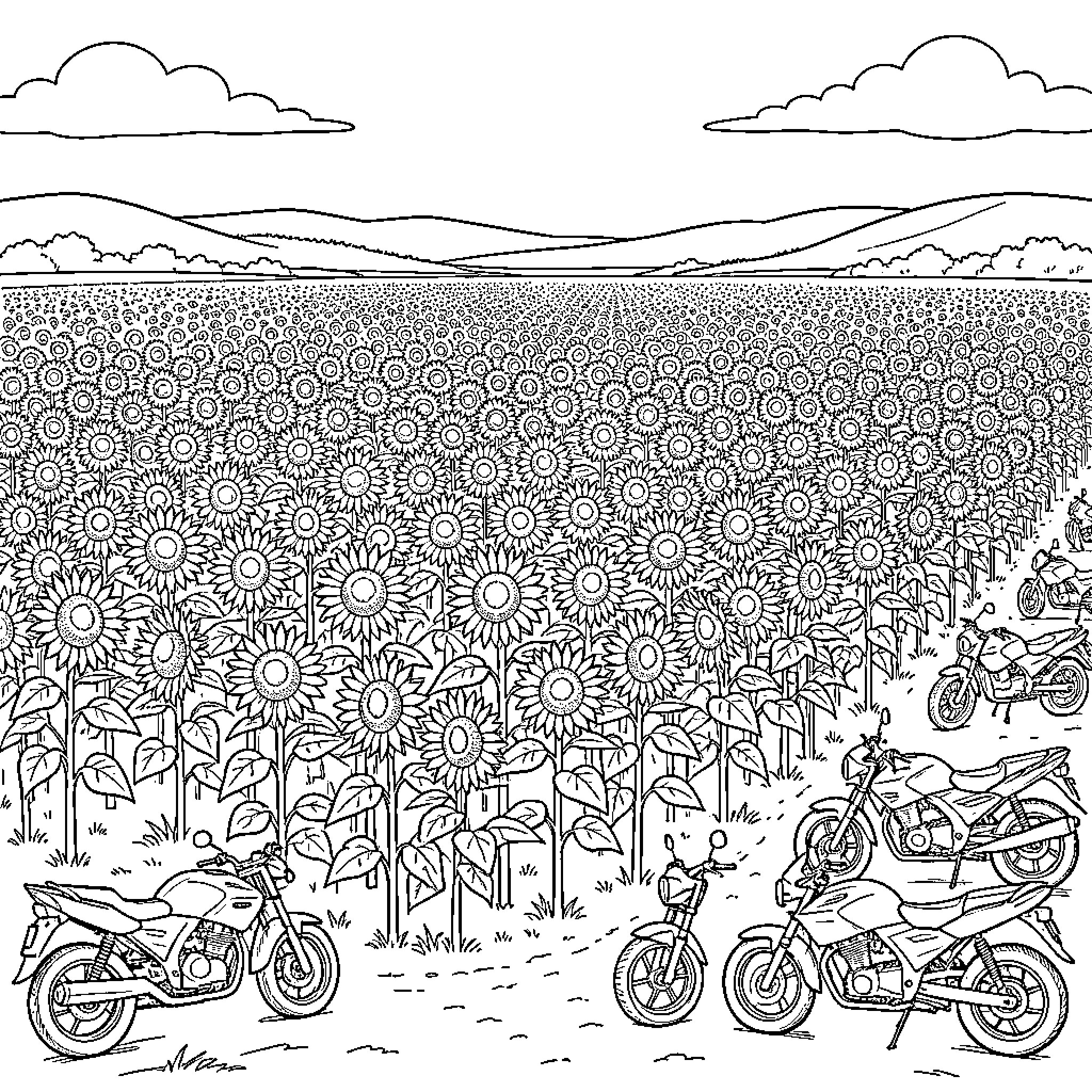 Sunflower field with motorcycles parked along a path Coloring Page (free black-and-white line drawing printable PDF for all, from beginners to advanced learners, including children, teens, adults, and seniors)