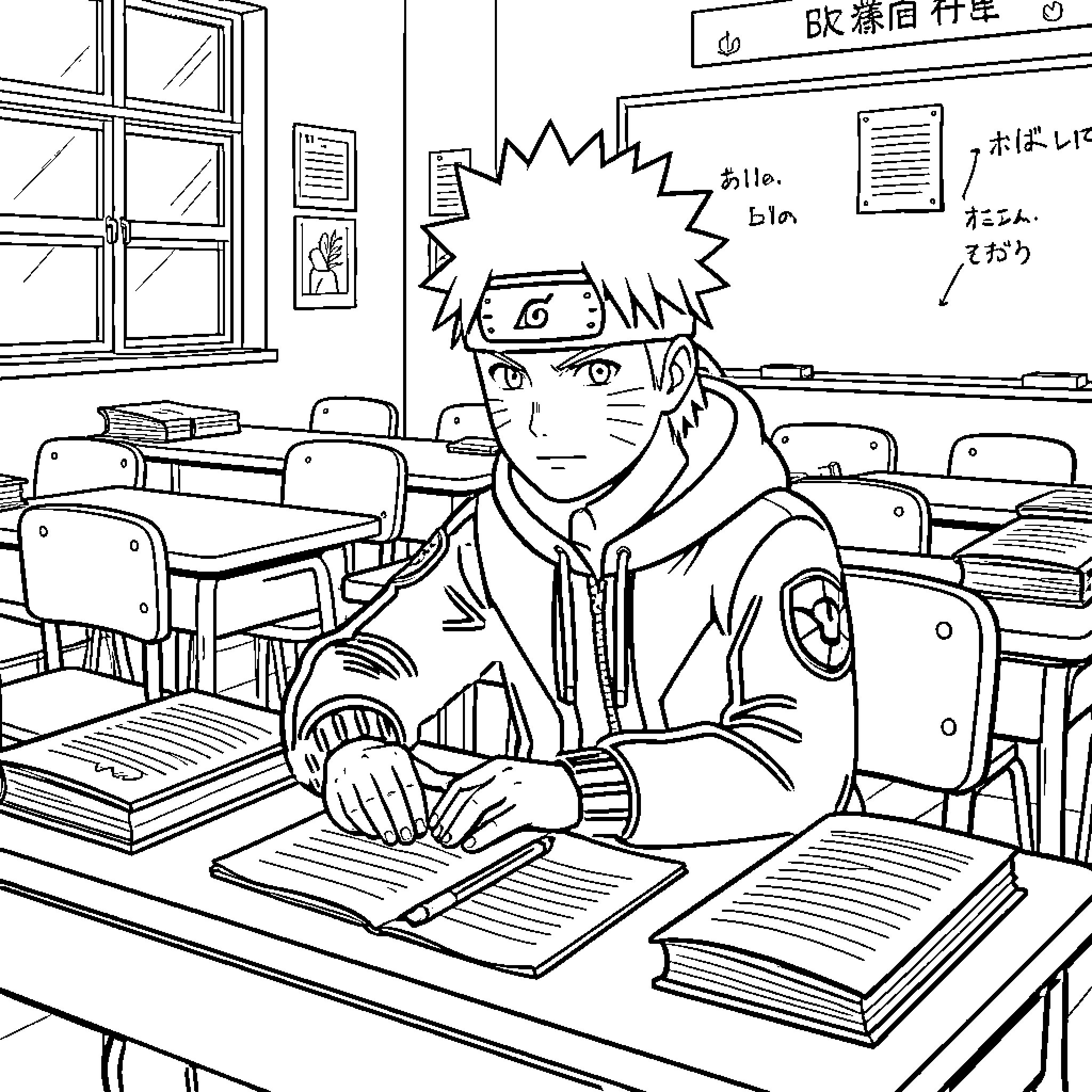 Naruto sitting at a school desk studying Coloring Page (free black-and-white line drawing printable PDF for all, from beginners to advanced learners, including children, teens, adults, and seniors)