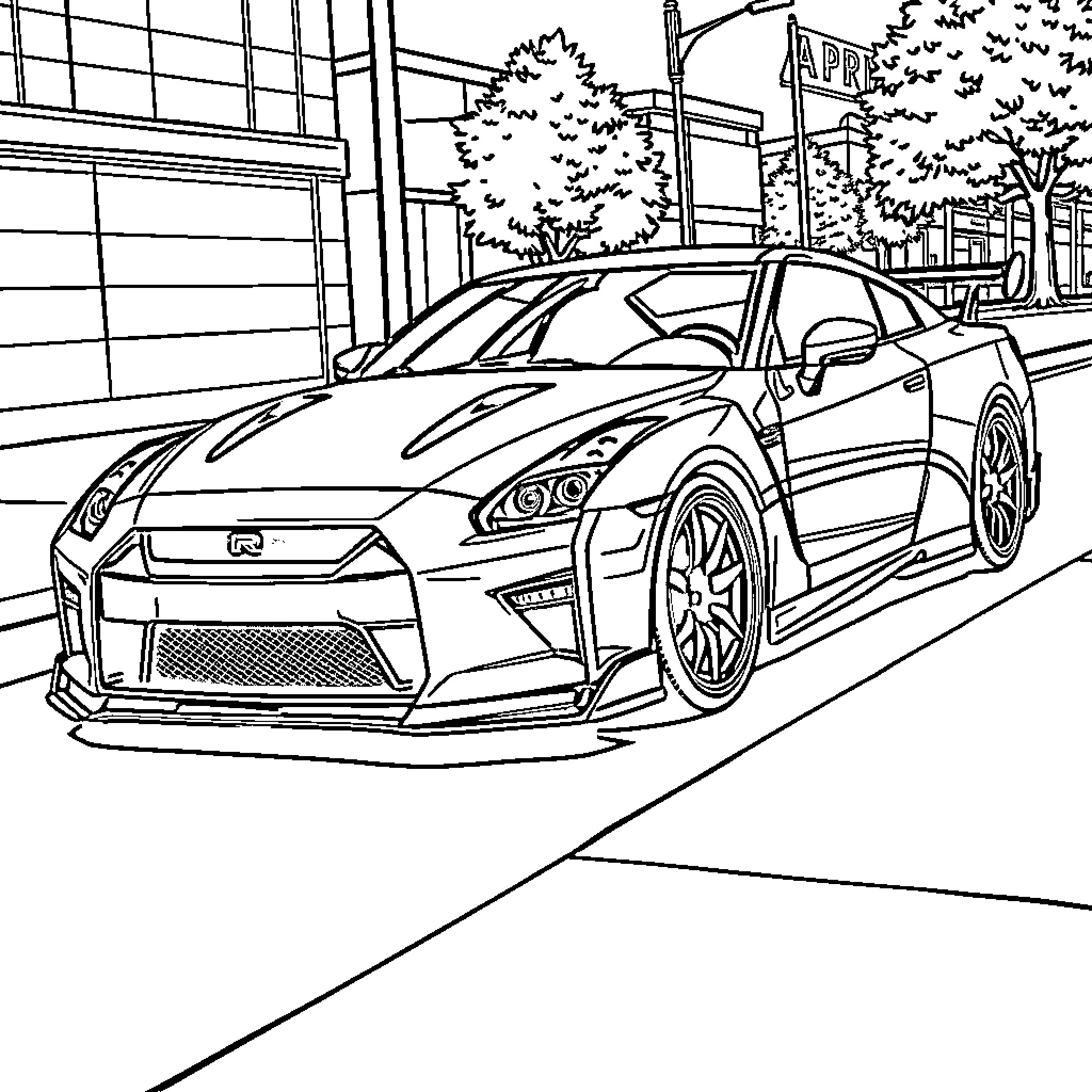 Gtr sports car on city street Coloring Page (free black-and-white line drawing printable PDF for all, from beginners to advanced learners, including children, teens, adults, and seniors)