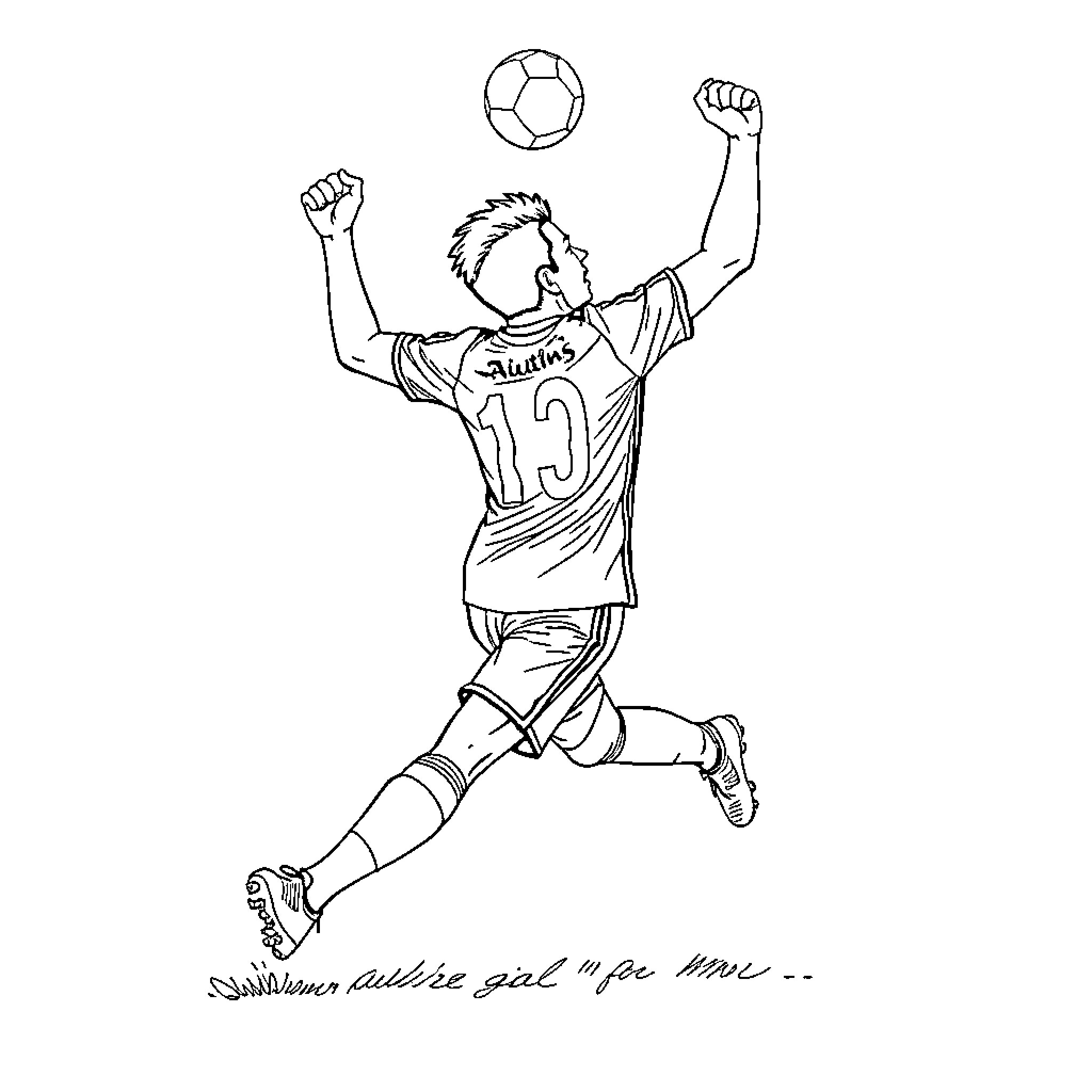 Futbol Jugador Jumping High to Head the Ball Coloring Page (free black-and-white line drawing printable PDF for all, from beginners to advanced learners, including children, teens, adults, and seniors)