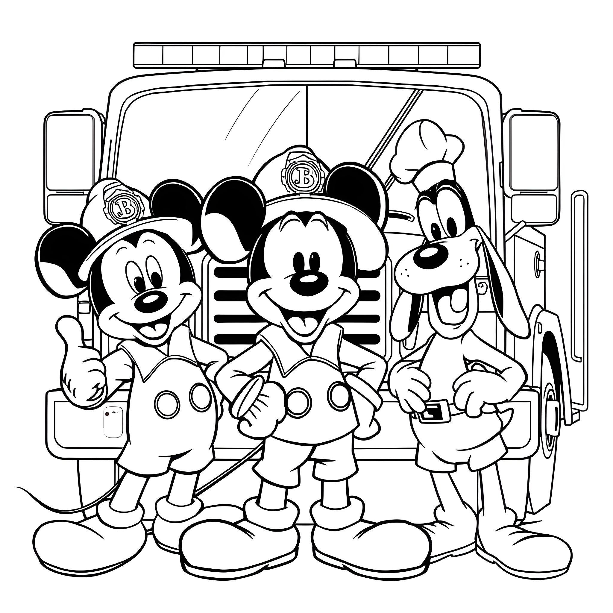 Mickey and Friends Explore Policecar Coloring Page (free black-and-white line drawing printable PDF for all, from beginners to advanced learners, including children, teens, adults, and seniors)