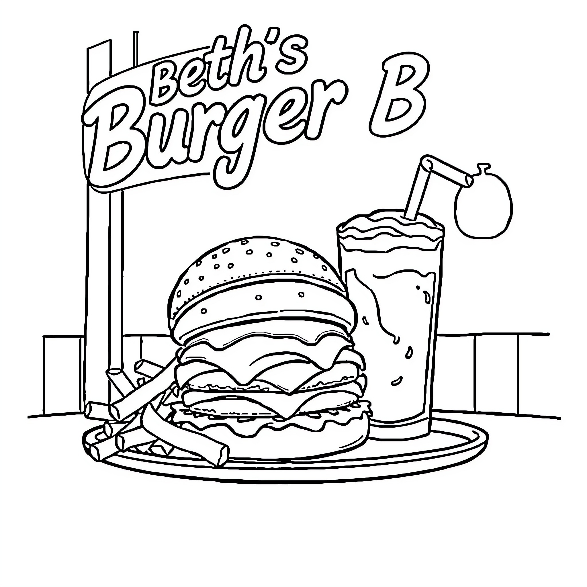 Cheeseburger and Soda at Beth's Burger B Coloring Page (free black-and-white line drawing printable PDF for all, from beginners to advanced learners, including children, teens, adults, and seniors)