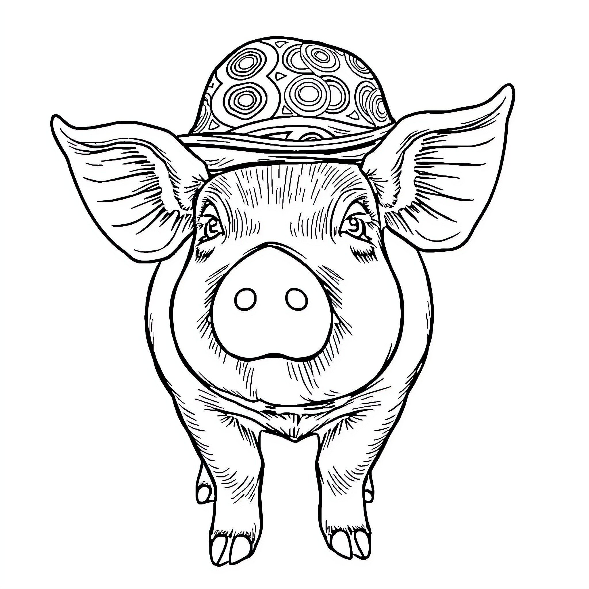 Pig wearing patterned hat with floppy ears Coloring Page (free black-and-white line drawing printable PDF for all, from beginners to advanced learners, including children, teens, adults, and seniors)