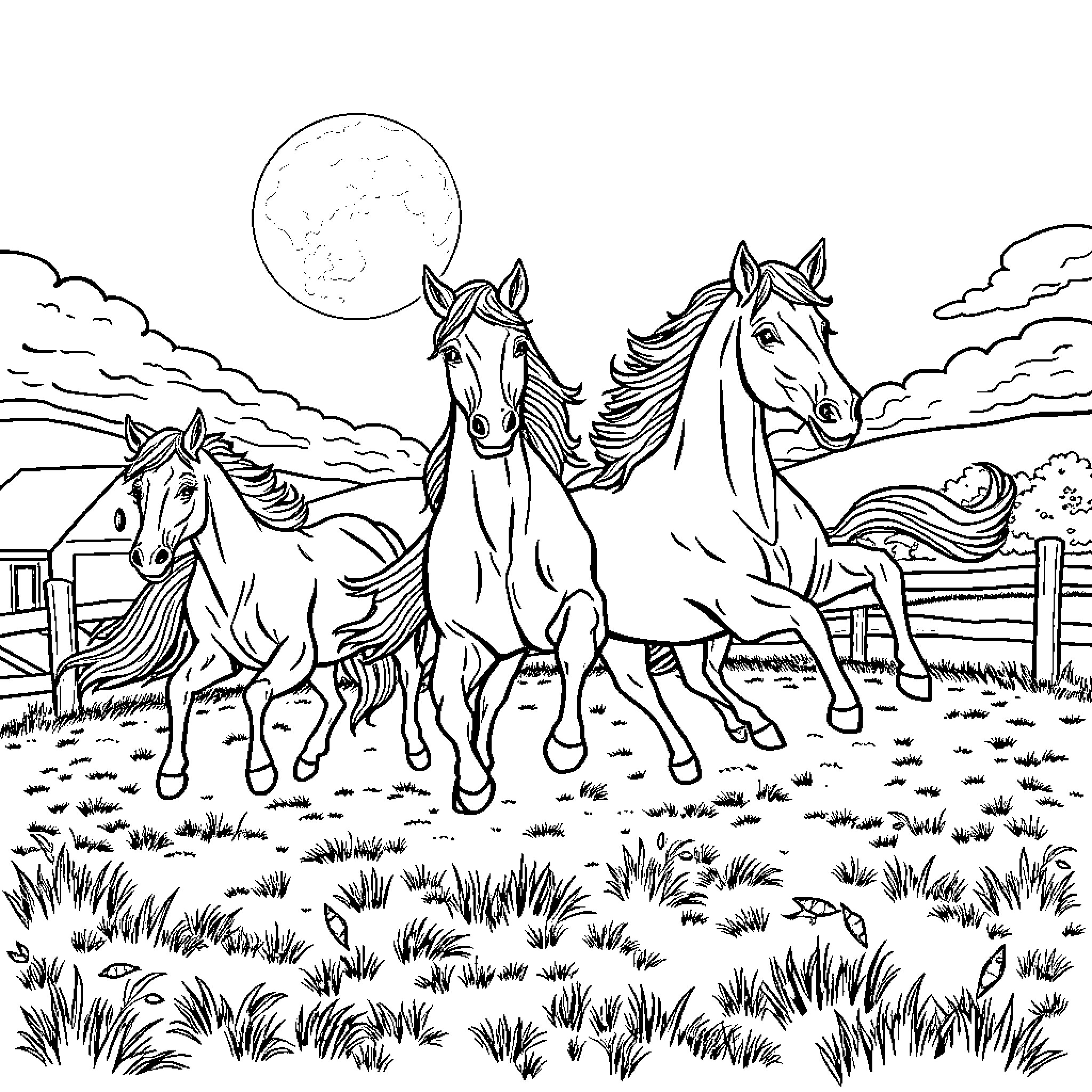 Horse Herd Galloping Freely Under Moonlight Coloring Page (free black-and-white line drawing printable PDF for all, from beginners to advanced learners, including children, teens, adults, and seniors)