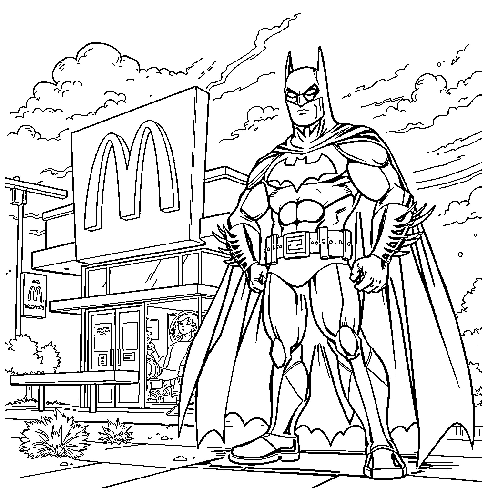 Batman stands heroically in front of a McDonald's restaurant Coloring Page (free black-and-white line drawing printable PDF for all, from beginners to advanced learners, including children, teens, adults, and seniors)