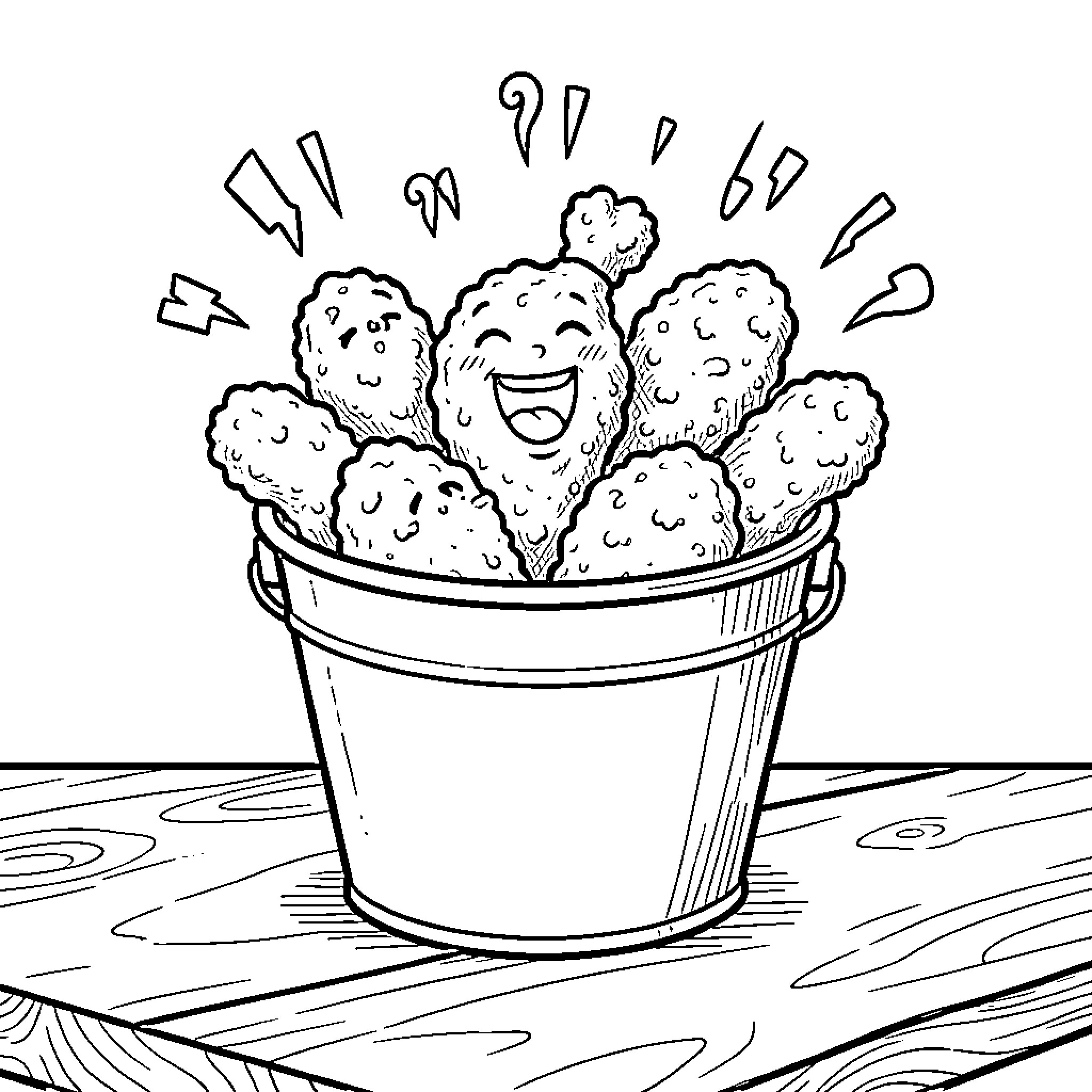 Fried Chicken pieces laughing joyfully inside a bucket Coloring Page (free black-and-white line drawing printable PDF for all, from beginners to advanced learners, including children, teens, adults, and seniors)